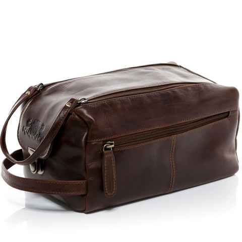 SID & VAIN Kulturbeutel Leder Kulturtasche Unisex BRISTOL, Waschbeutel Echtleder für Damen & Herren, Kosmetiktasche braun-cognac