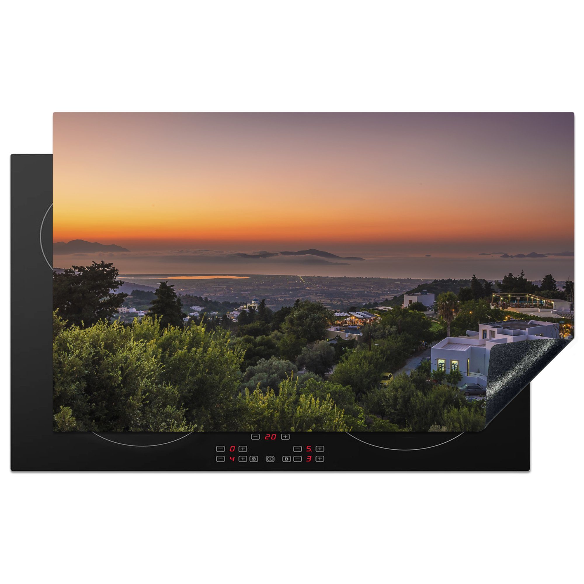 MuchoWow Herdblende-/Abdeckplatte Sonnenuntergang über der Insel Kos, Vinyl, (1 tlg), 83x51 cm, Ceranfeldabdeckung, Arbeitsplatte für küche