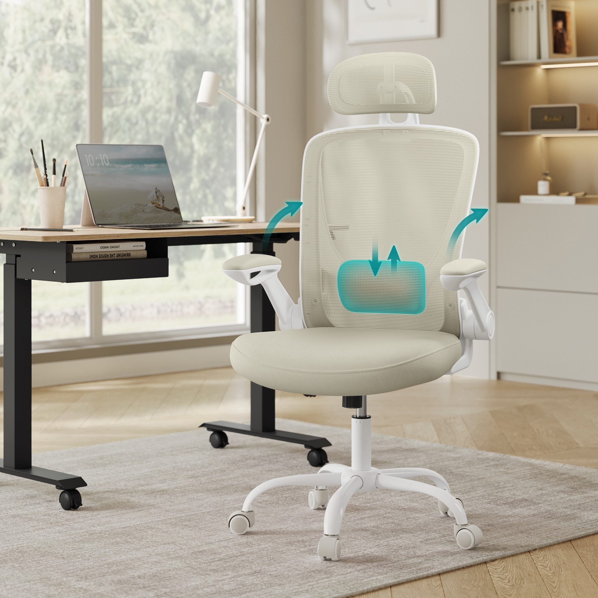 SONGMICS Bürostuhl ergonomischer Drehstuhl mit Mesh, Lendenstütze, Wippfunktion, mit Kopfstütze, 53 cm breite Sitzfläche und klappbaren Armlehnen