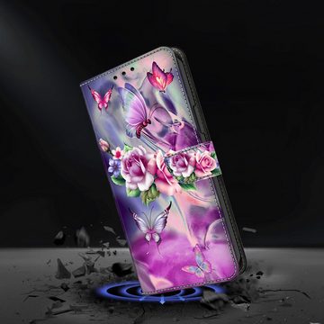 CLM-Tech Handytasche für Samsung Galaxy A15 5G Hülle Tasche aus Kunstleder Klapphülle (lila Blumen Schmetterlinge, Handyhülle Wallet Flip Case Cover Etui), Schutzhülle mit Standfunktion, Kartenfächer, und Magnetverschluss