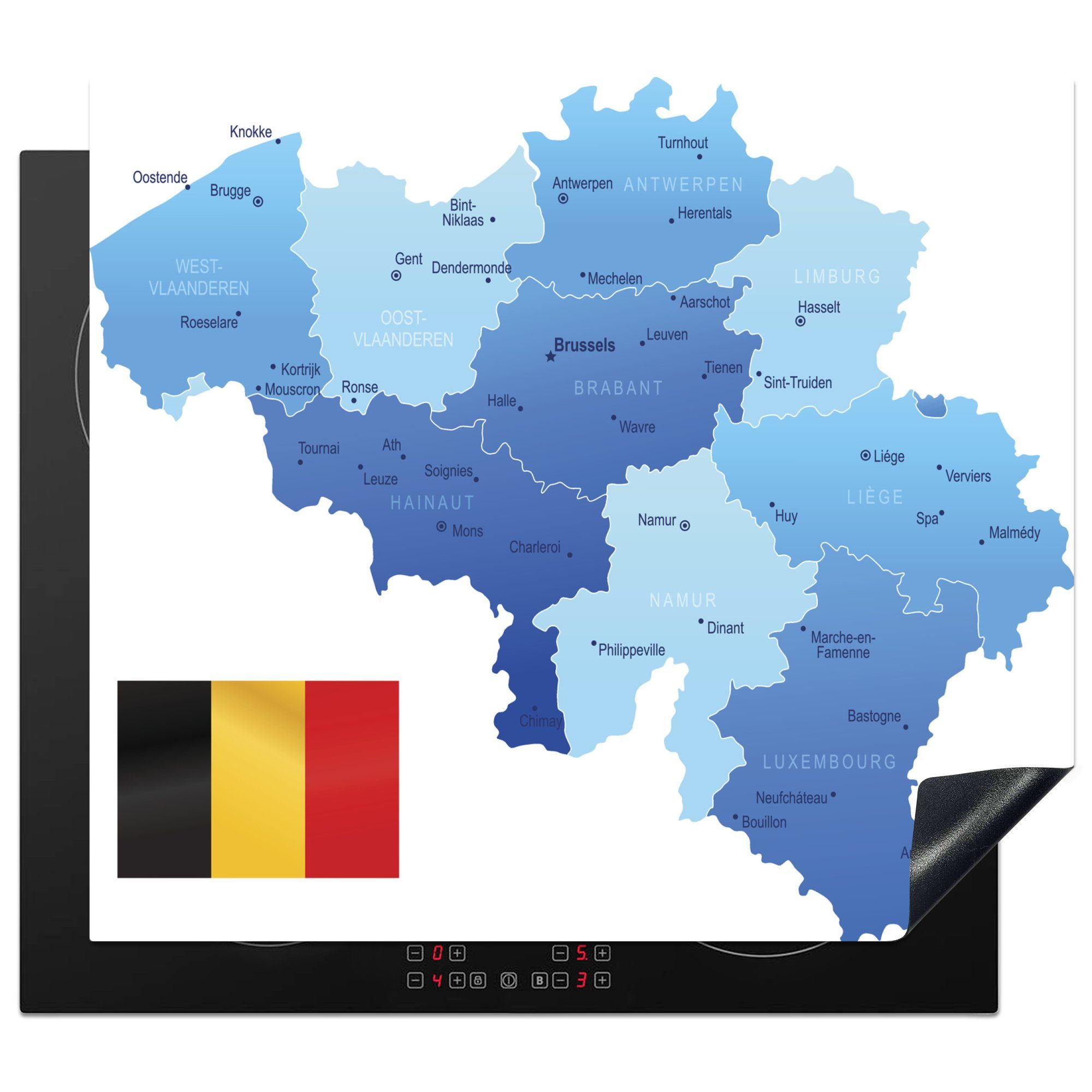 MuchoWow Herdblende-/Abdeckplatte Eine Illustration einer blauen Karte von Belgien mit der Flagge, Vinyl, (1 tlg), 60x52 cm, Mobile Arbeitsfläche nutzbar, Ceranfeldabdeckung