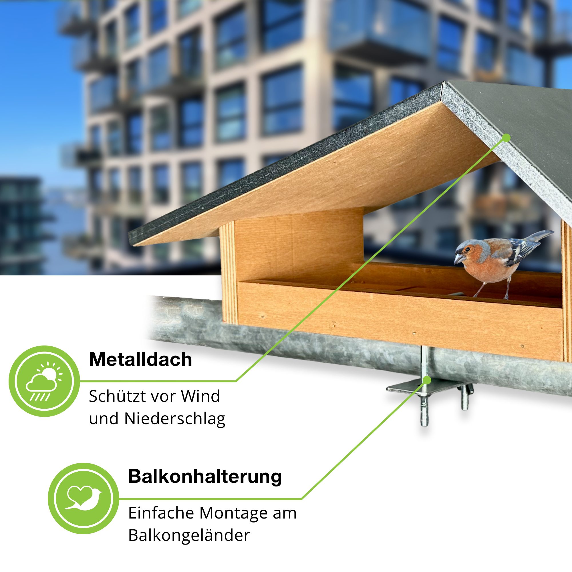 gartenetage Vogelhaus Balkon-Futterstelle aus wetterfestem Naturholz, Metalldach, einfache Montage, robuste Befestigung – Ideales Vogelhaus