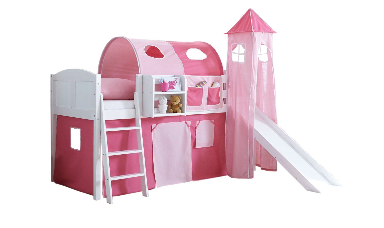 Ticaa Hochbett Hochbett mit Rutsche Rutschbett mit Turm "Ekki"