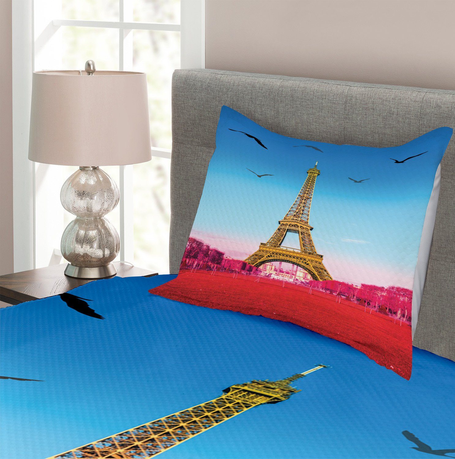 Tagesdecke Set Paris mit Abakuhaus, Kissenbezügen Eiffelturm Waschbar, Grass Abstract