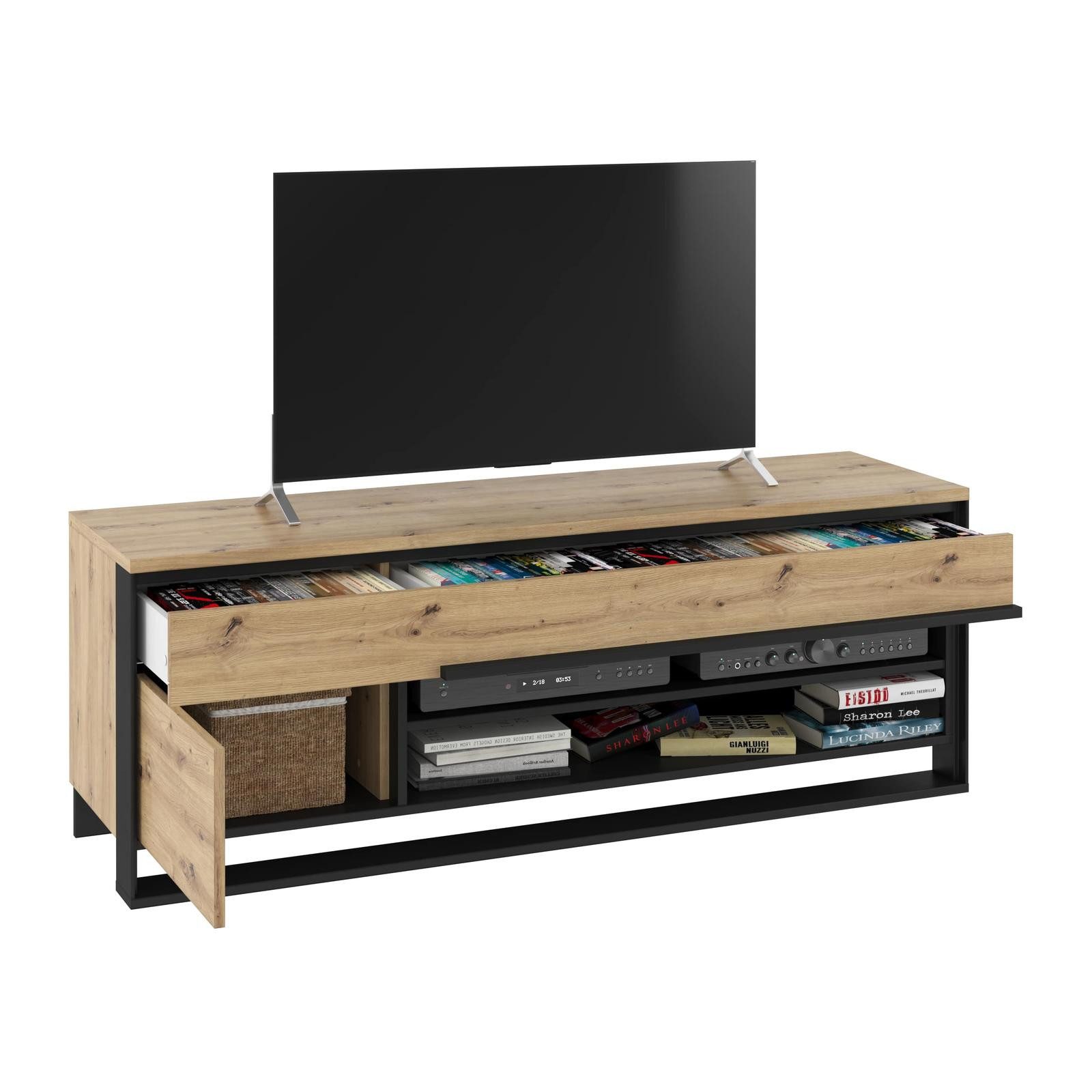 HAUSELEMENT TV-Schrank QUANT QA-04 Fernsehschrank 155 cm Fernsehtisch Lowboard Grifflos Push-to-Open Loft