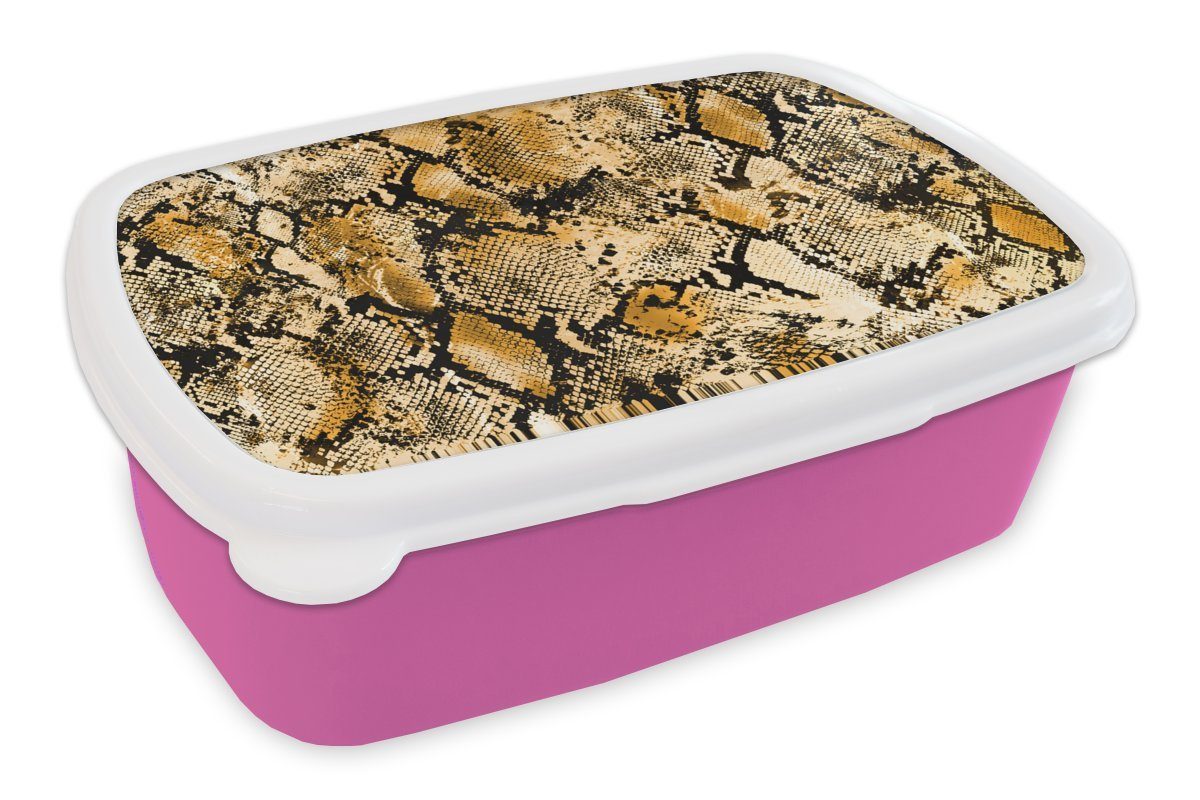 MuchoWow Lunchbox Tiermuster - Gold - Schlange - Schuppen, Kunststoff, (2-tlg), Brotbox für Erwachsene, Brotdose Kinder, Snackbox, Mädchen, Kunststoff rosa