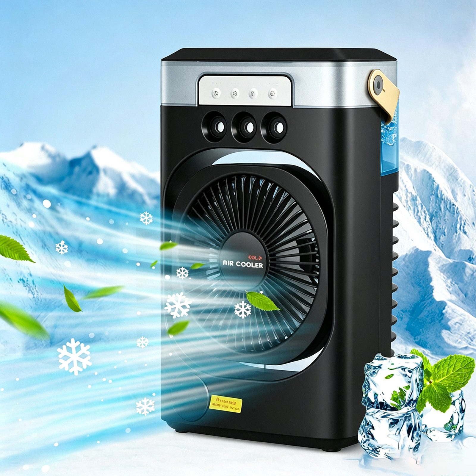MOPUEA Ventilatorkombigerät 2-in-1 Luftkühler mit Sprühnebel 600ml 3Stufen LED-Licht Timer, Sprühnebel, 7 Farben, 3 Windstufen, Timer und integrierter Tragegriff.