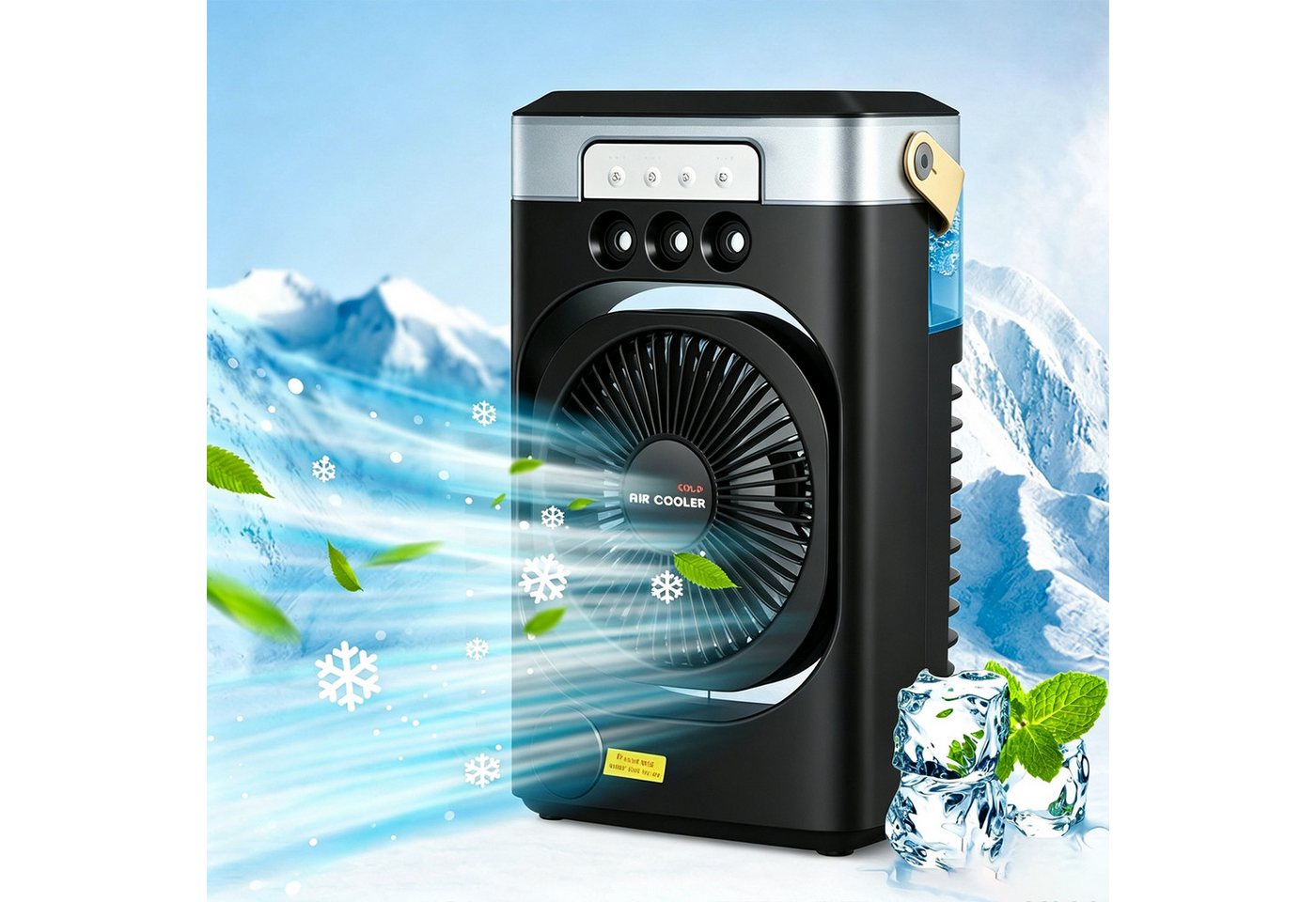MOPUEA Ventilatorkombigerät 2-in-1 Luftkühler mit Sprühnebel 600ml 3Stufen LED-Licht Timer, Sprühnebel, 7 Farben, 3 Windstufen, Timer und integrierter Tragegriff.
