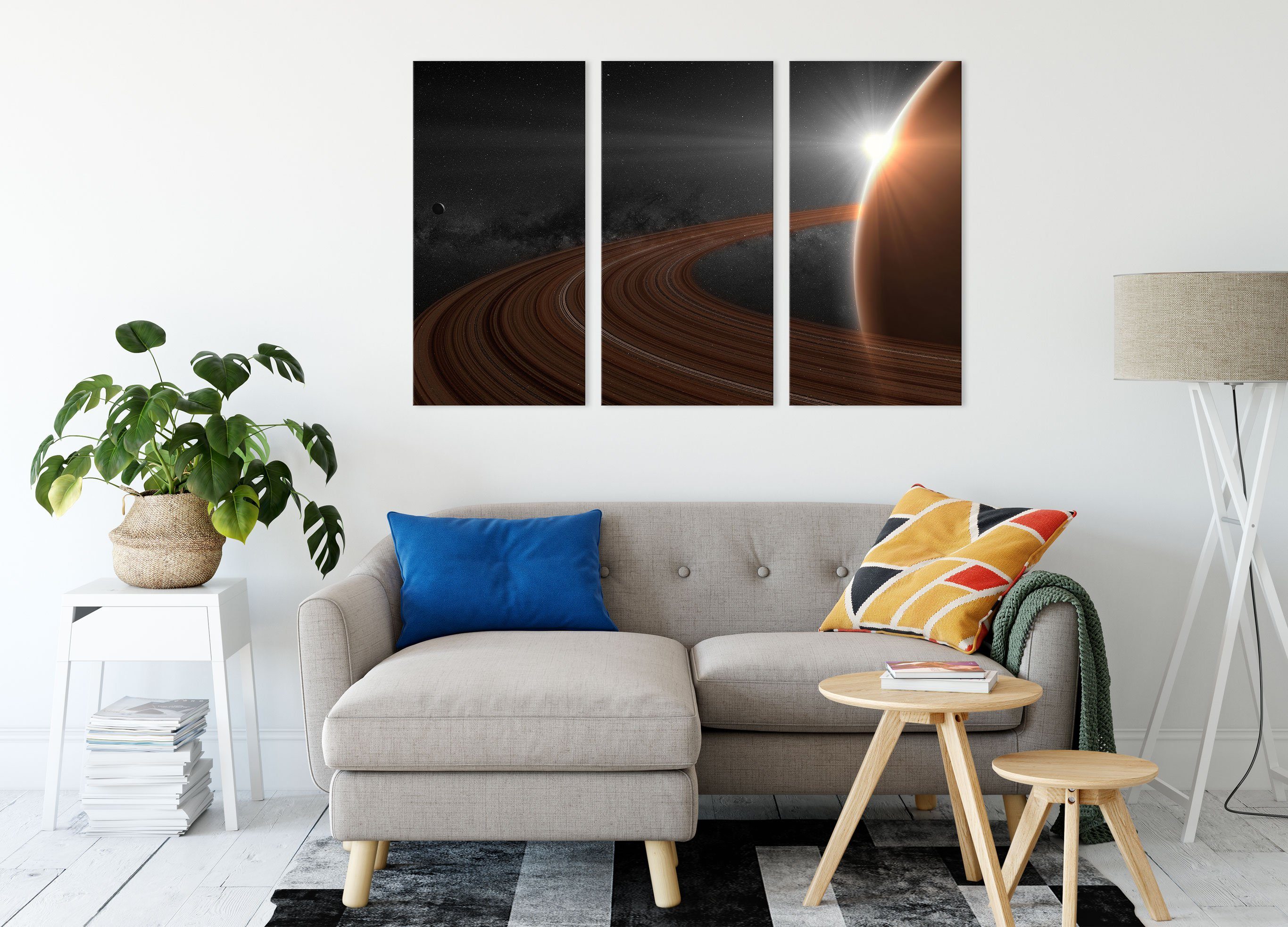 3Teiler (1 bespannt, Saturn Planet (120x80cm) Weltall inkl. Saturn Pixxprint Weltall, St), fertig Planet im Zackenaufhänger Leinwandbild im Leinwandbild