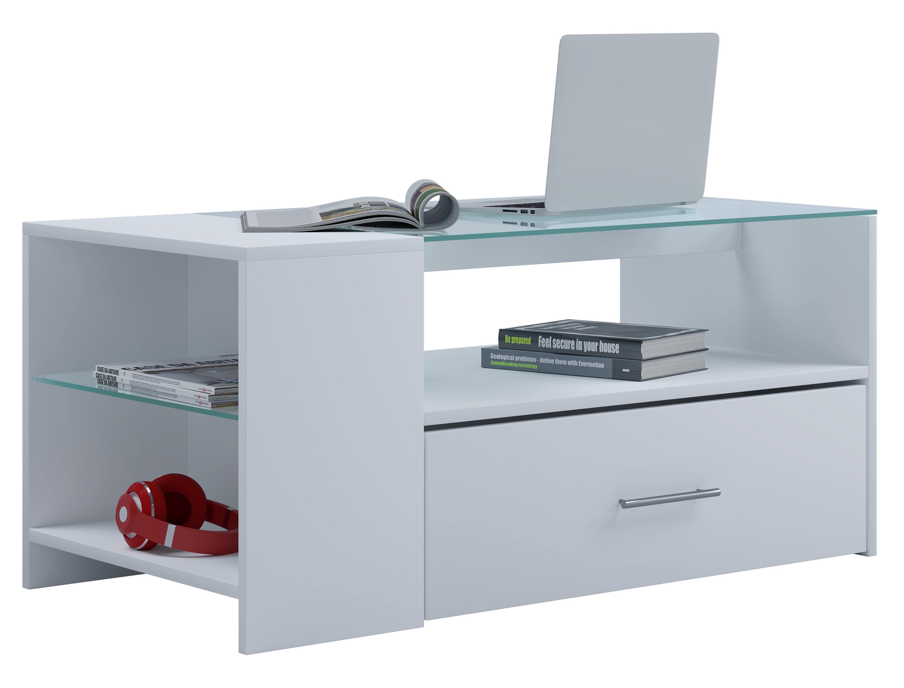 VCM Couchtisch Holz Sofatisch Couchtisch Schublade Glas Tindala, Pflegeleicht