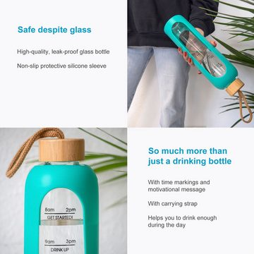Intirilife Trinkflasche, Motivations Wasser Trinkflasche aus Glas mit Zeitmarkierung bis 900 ml