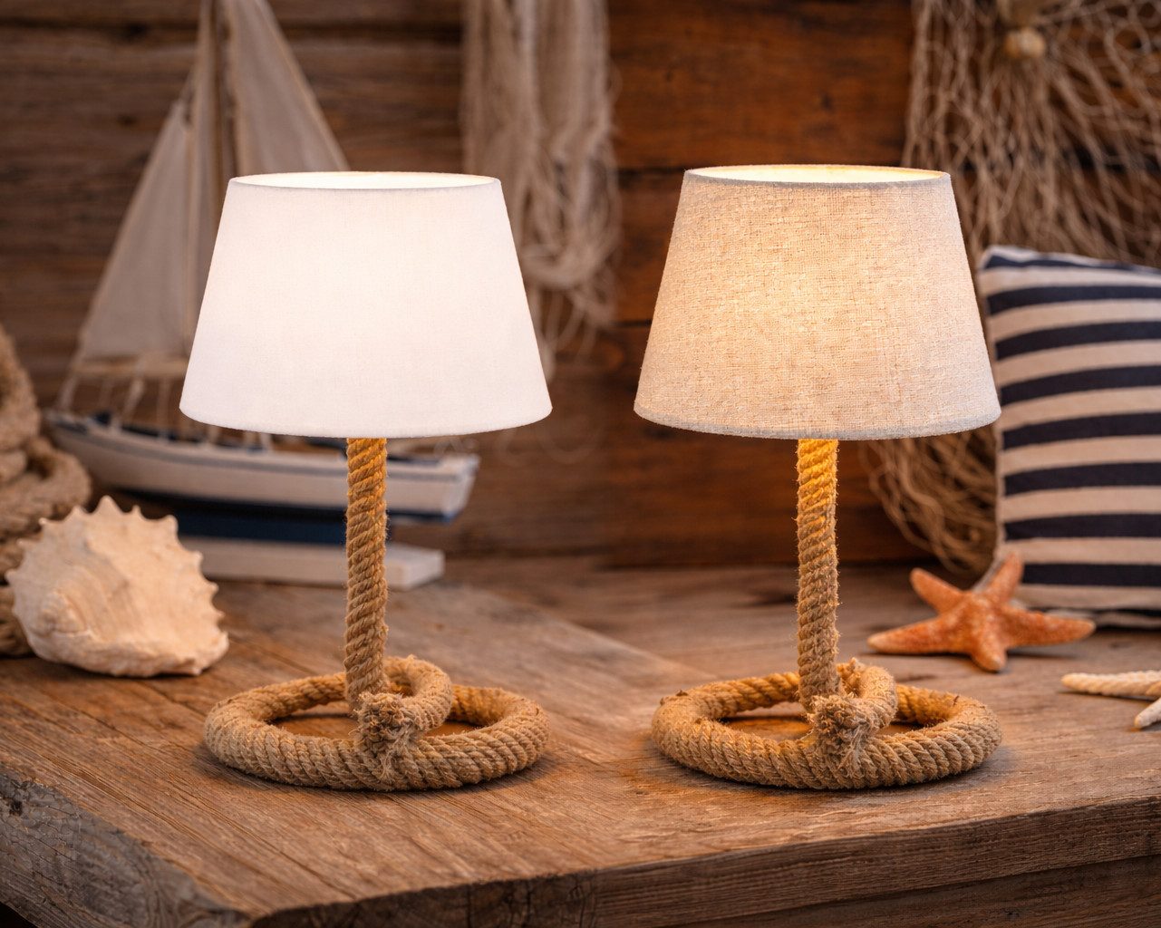 BOLTZE Nachttischlampe Maritimer Tischleuchte Rope Design mit Textilschirm 2er Set