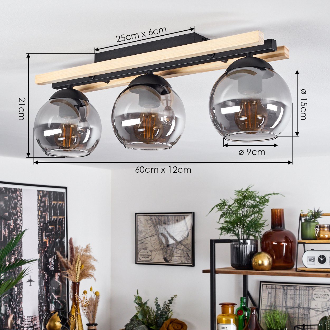 Leuchtmittel, Schirmen aus Metall/Holz/Glas ohne Rauchglas, Deckenlampe mit E27 in hofstein Schwarz/Natur/Rauchfarben, »Limite« Deckenleuchte