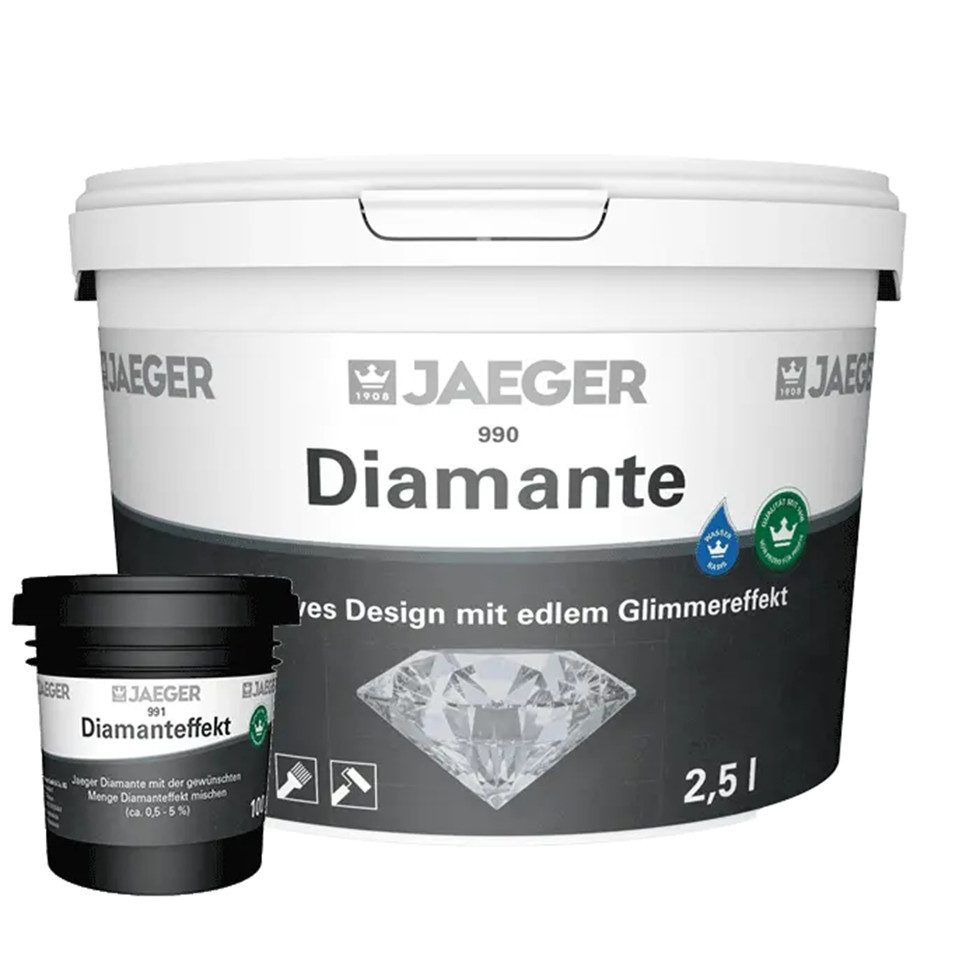 Jaegerlacke Wand- und Deckenfarbe DIAMANTE 990 dekorative Wandfarbe mit edlem Glitzereffekt, wasserverdünnbar, Grundfarbe in weiss oder anthrazit