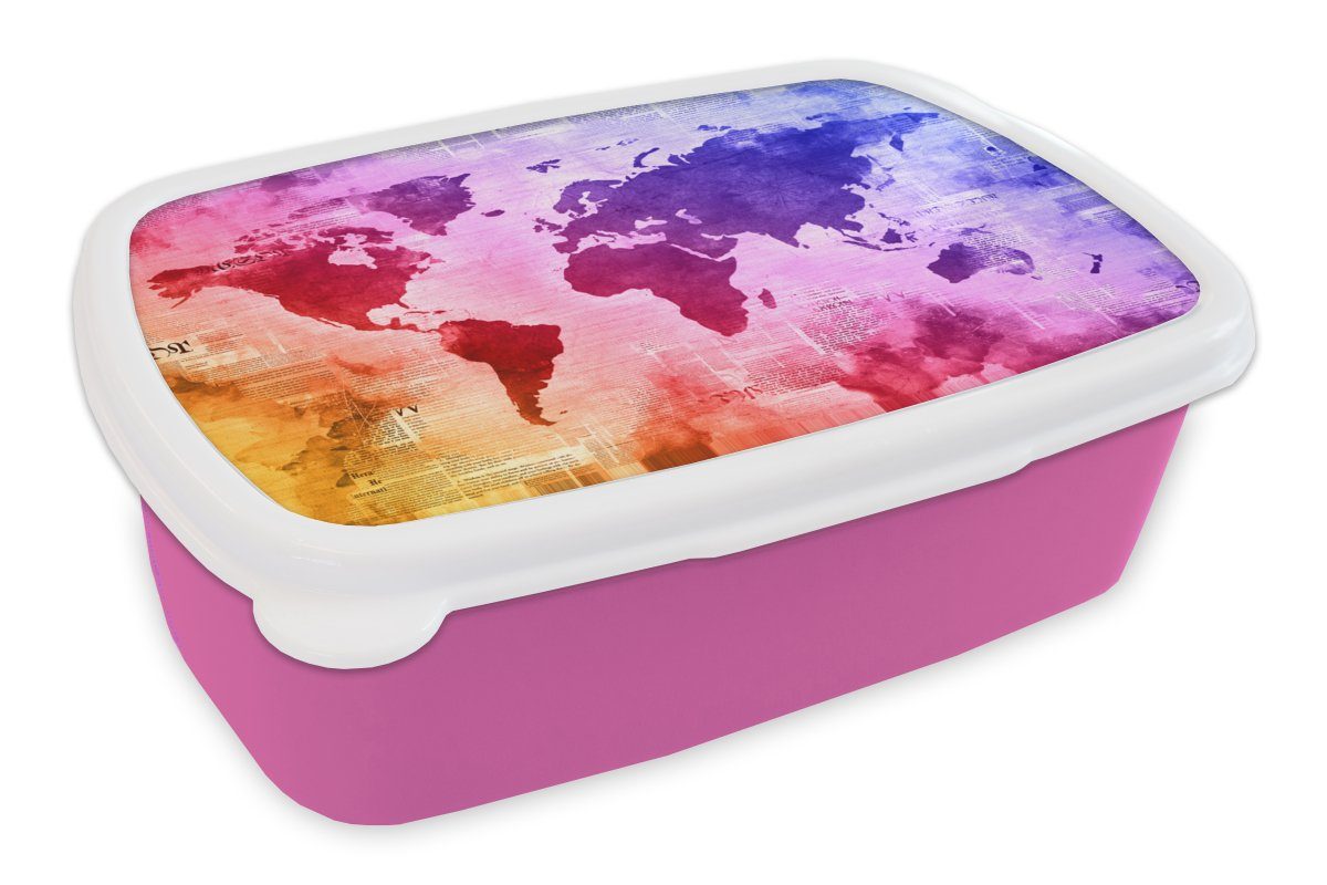 MuchoWow Lunchbox Weltkarte - Aquarell - Regenbogen, Kunststoff, (2-tlg), Brotbox für Erwachsene, Brotdose Kinder, Snackbox, Mädchen, Kunststoff rosa