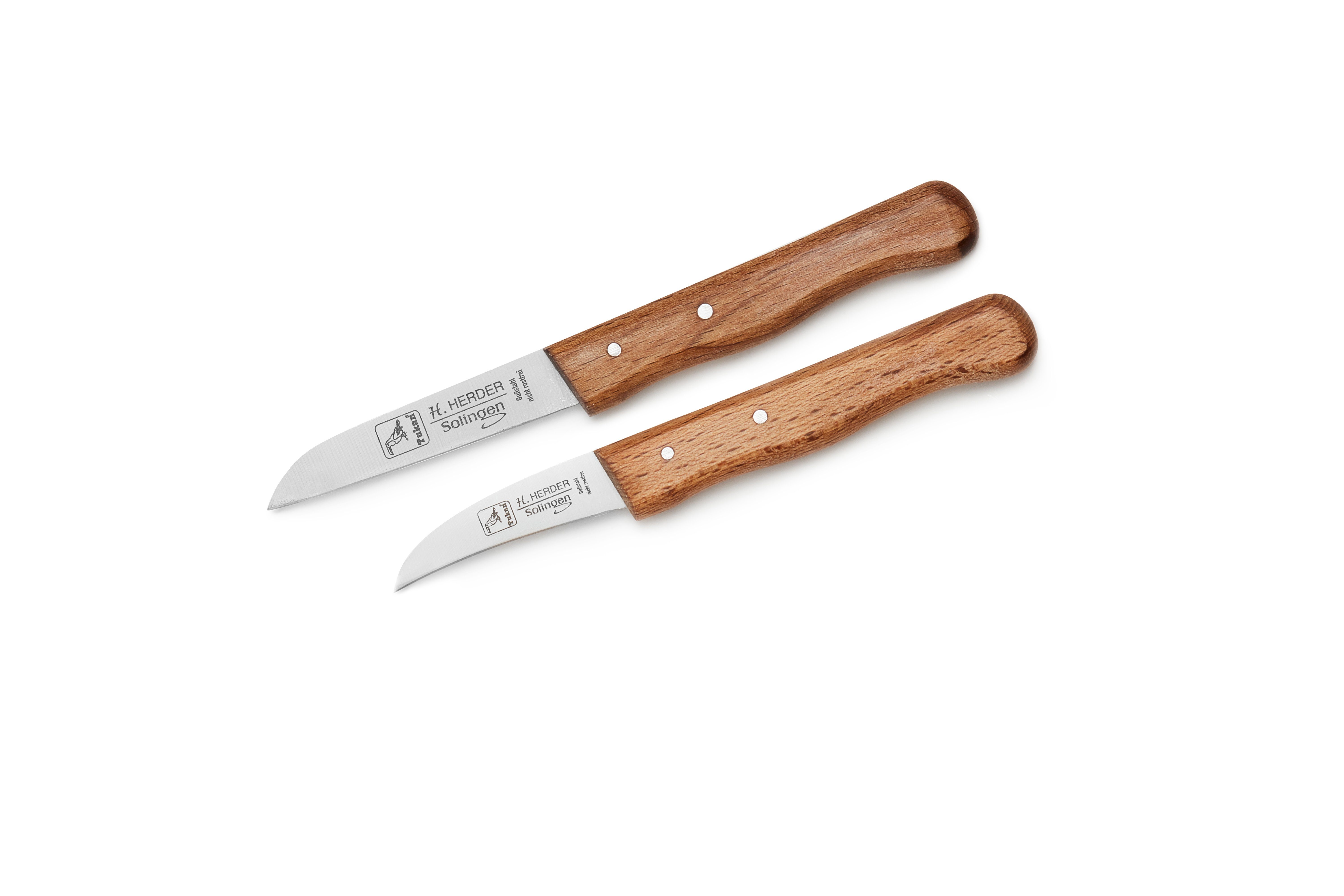 H. Herder Universalküchenmesser 2er-Set Küchenmesser Buchenholz gerade & gebogen - nicht rostfrei, Gebogene Klinge aus Gussstahl (nicht rostfrei), Griff aus Buchenholz