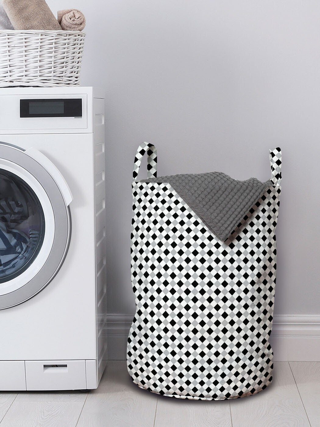 Waschsalons, Wäschekorb mit für und Rautenmuster Grau Griffen Kordelzugverschluss Abakuhaus Schwarz Wäschesäckchen