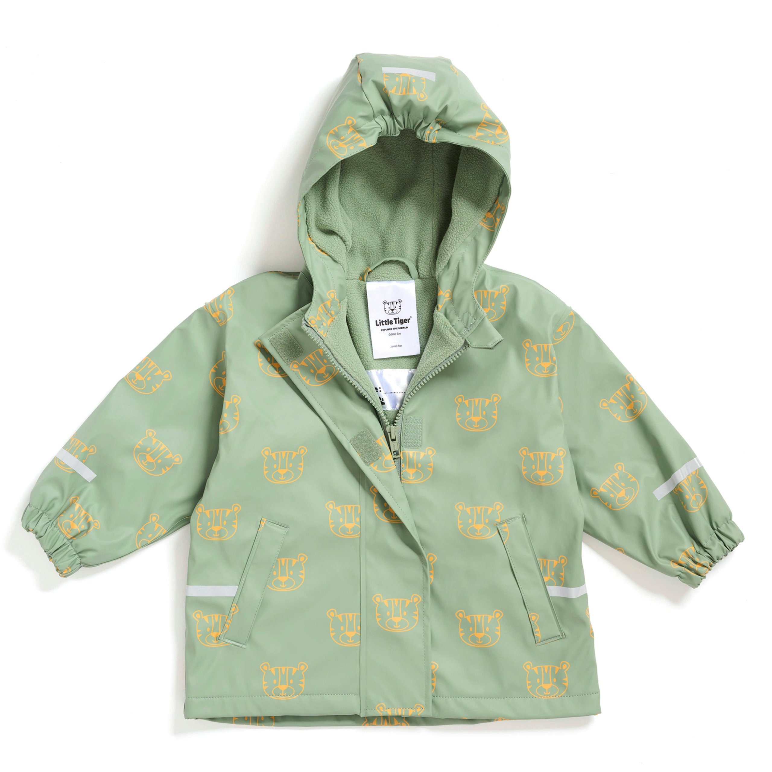 Matschjacke Regen- Tiger® mit wasserdicht für Jungen Kinder Little für Kinder, grün-gelb und Mädchen Öko-Tex, Kapuze, winddicht, gefüttert, Matschjacke und Fleece Regenjacke