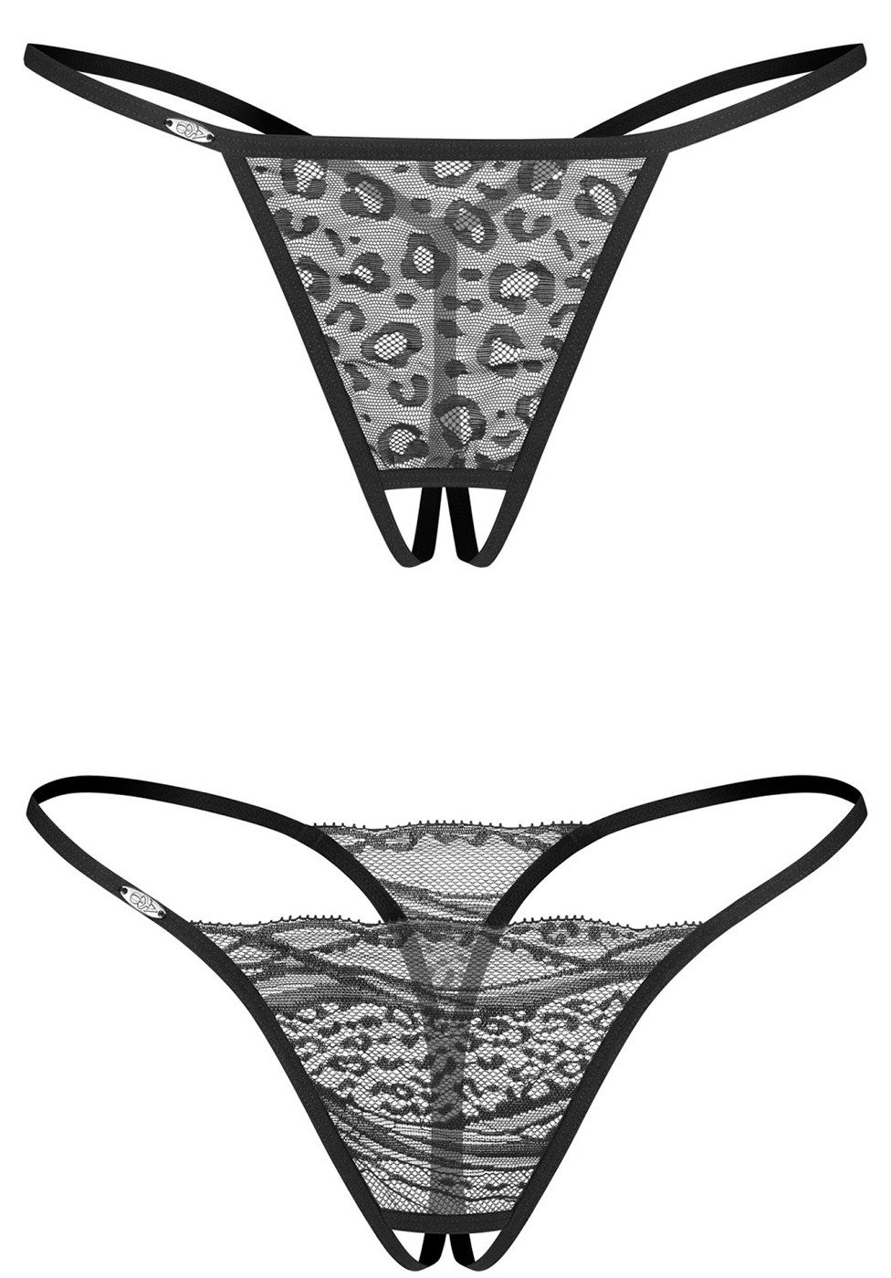 Obsessive String Bianca 2er Set Strings mit offenem Schritt transparent - schwarz (2-St) Zwei verschiedene Muster – Spitze und Animal-Print