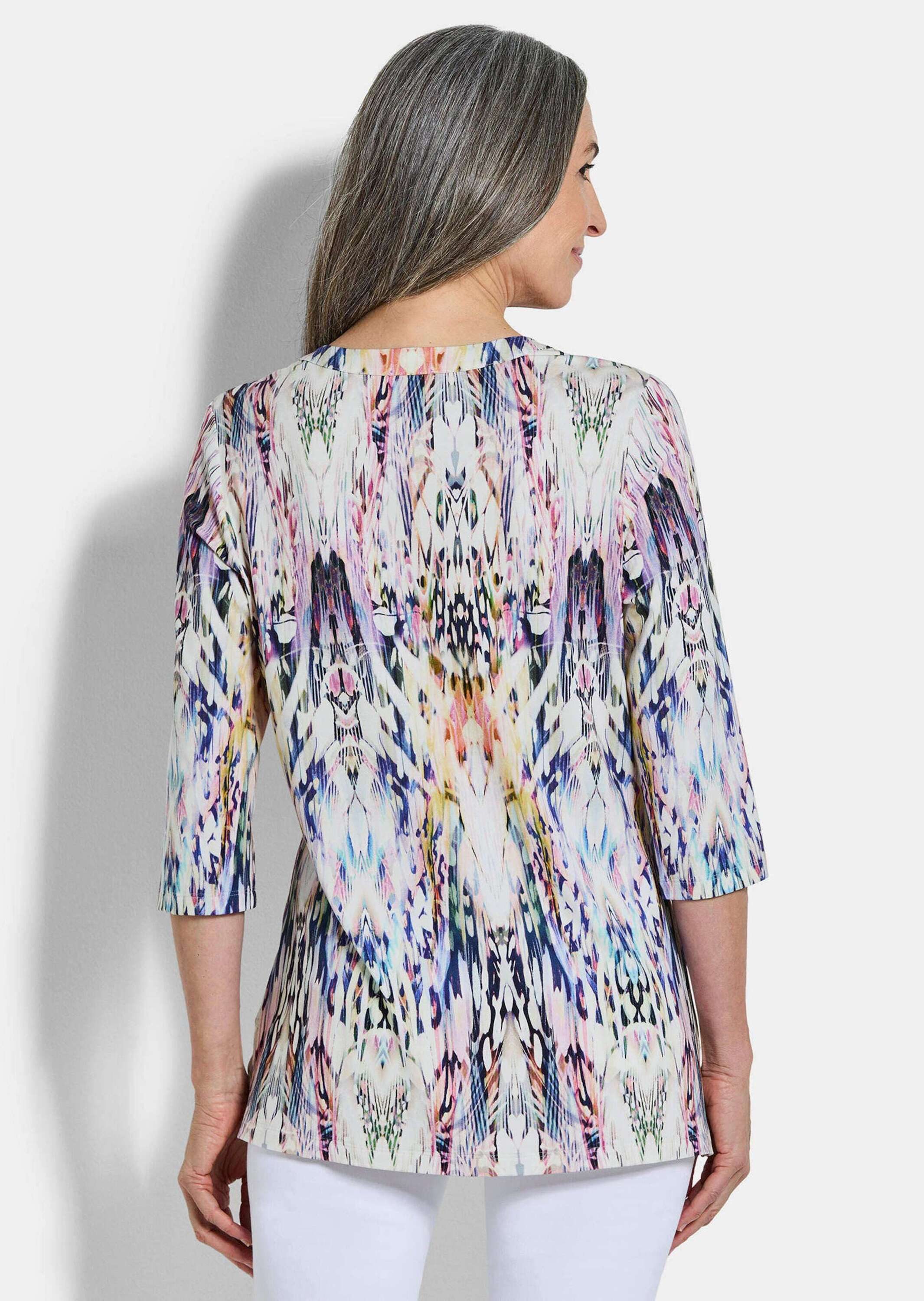 GOLDNER Tunika Sommertunika mit Biesen Druckbluse mit U-Boot-Ausschnitt mit V, Seitenschlitzen und 3/4-Arm