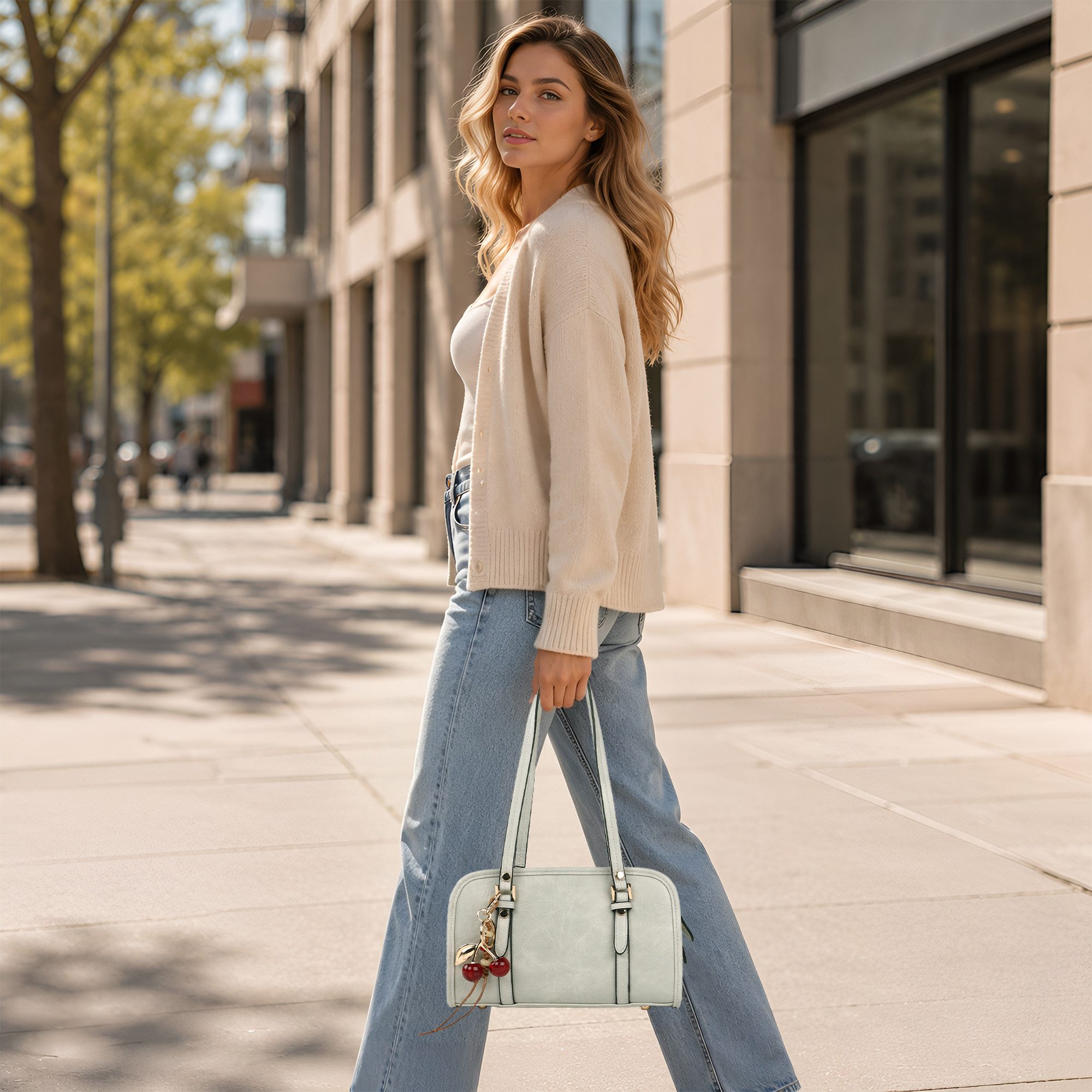 TANTOMI Handtasche Damen Umhängetasche Klein mit Kirsch-Anhänger, Elegant Shoulder Bag Schultertasche Damen Boston Tasche