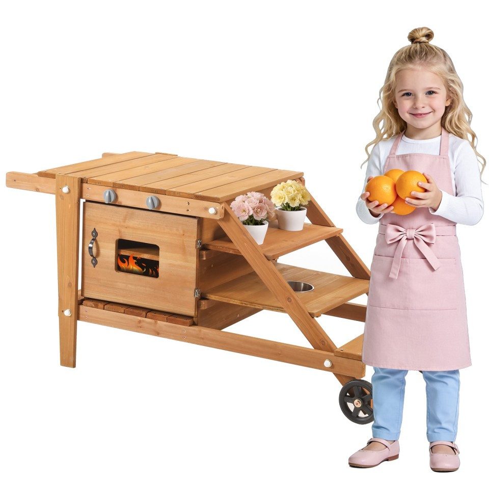 TavilaEcon Outdoor-Spielküche Kinderküche Outdoor mit Rollen, Matschküche für Kinder Holz+Kunststoff+Metall, Spielküche inkl, Küchenzubehör, Essenswagen aus Holz