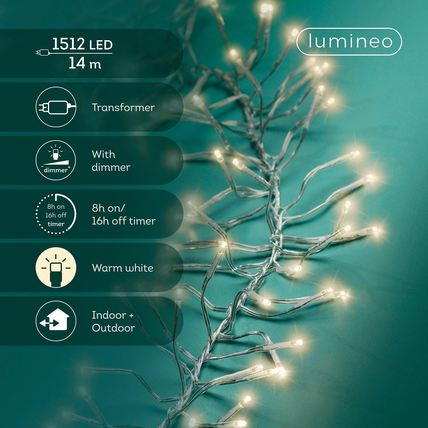 Lumineo LED-Lichterkette Lumineo Lichterkette CLUSTER 1512 LED 14 m warm weiß, transp. Kabel, Indoor/Outdoor, dimmbar, 8h-Timer, + 5 m Zuleitung – Bild 2 von 5