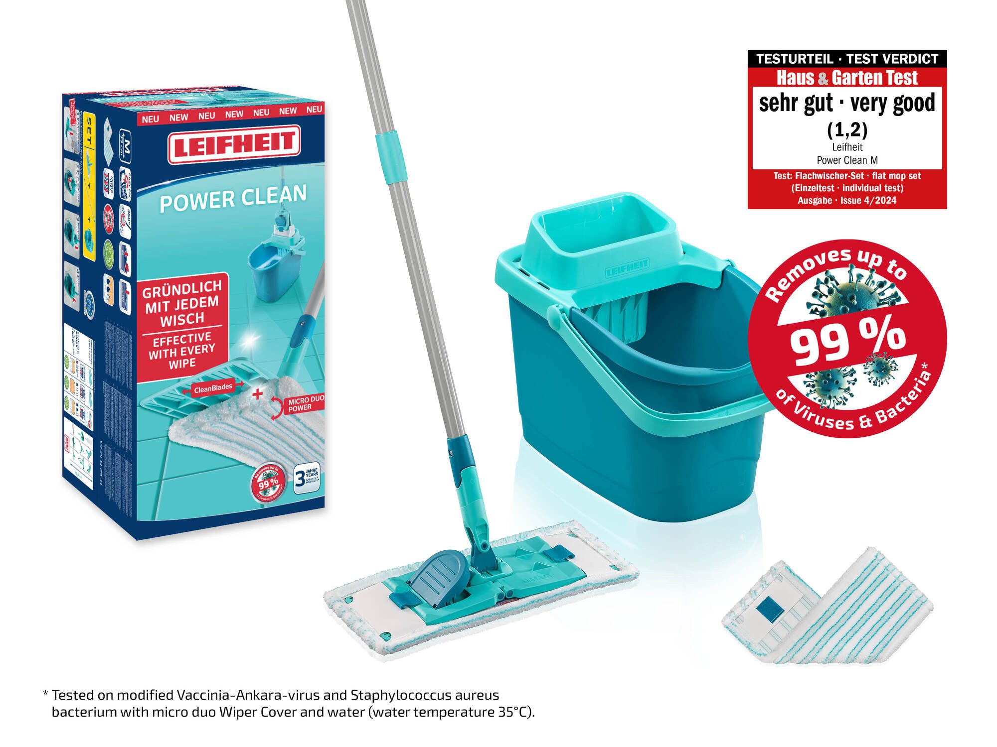 Leifheit Bodenwischer-Set Set POWER CLEAN mit 2x Ersatzbezug micro duo, (6-St), Waschbar bei 60°C, Wischbreite 33cm, 360° Gelenk, Arbeitshöhe 148cm