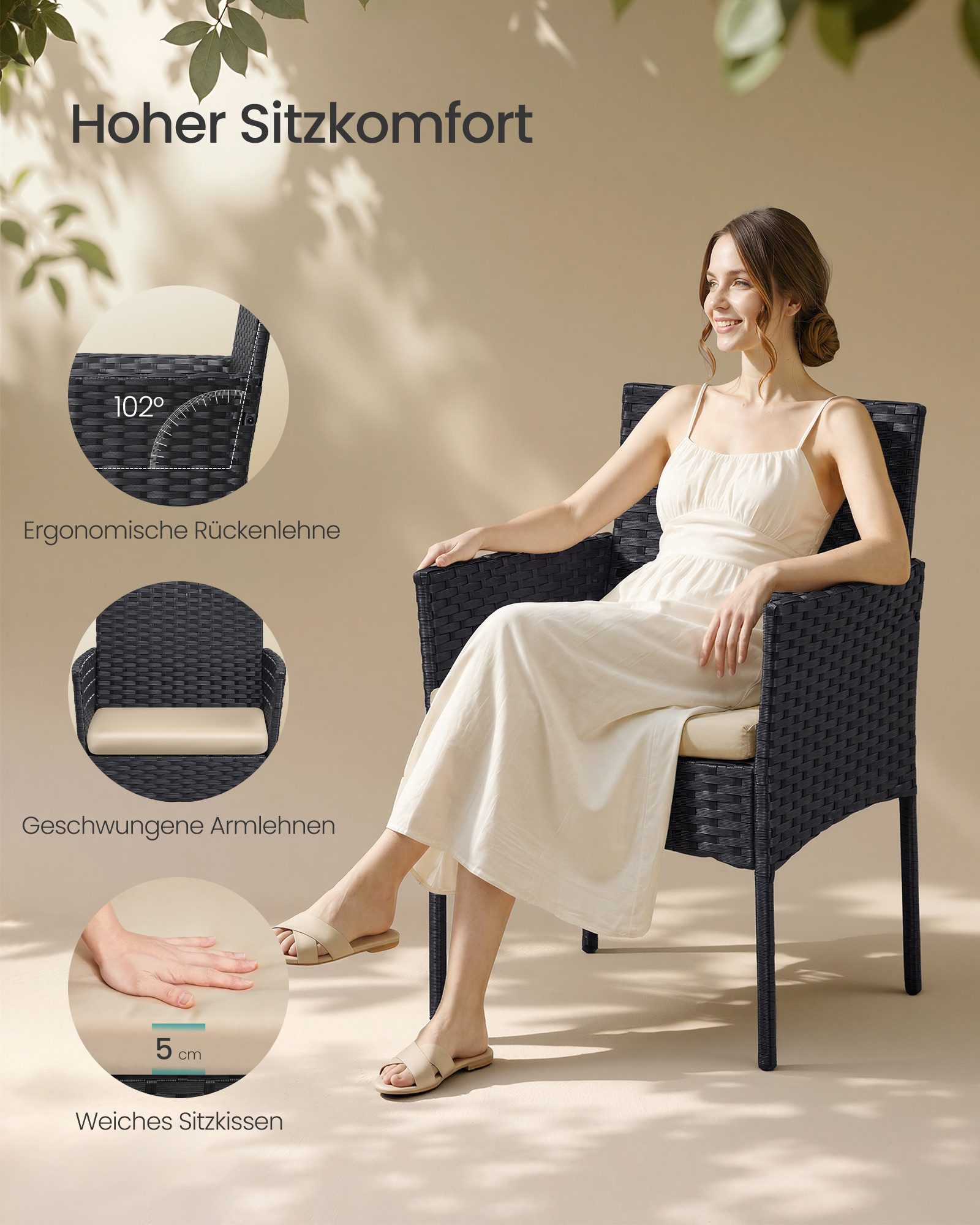 SONGMICS Gartenlounge-Set Balkonmöbel aus PE-Polyrattan, (4-tlg., 2 Gartenstuhl, 1 Sofa, 1 Gartentisch, mit Kissen), Balkonmöbel, Terrassenmöbel – Bild 4 von 5