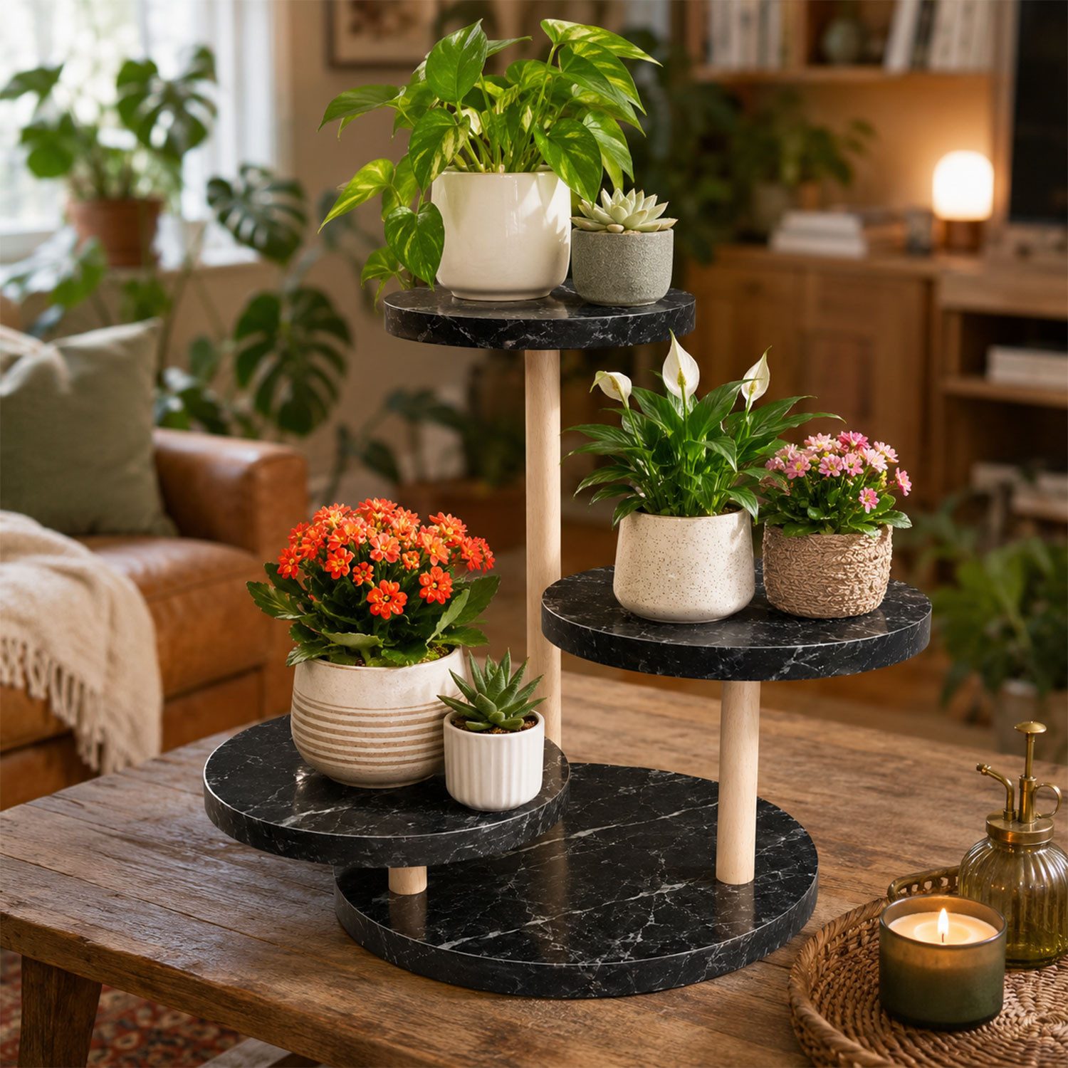 Jungengel Blumenständer 3-in-1 Standregal Blumenregal Tortenständer Servieretagere Cupcake (Einzelartikel, 3 Ebenen mit Holzsäulen und werkzeuglosem Drehsystem) – Bild 4 von 5