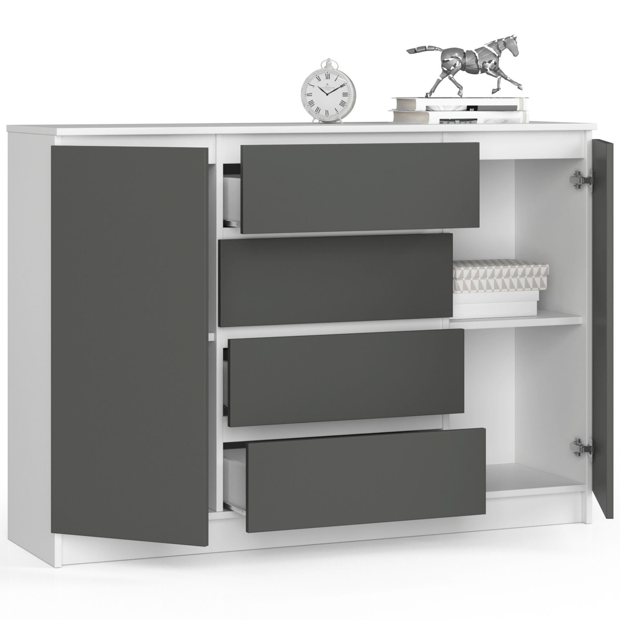 Raumhirsch Furniture Kommode mit 4 Schubladen, zwei Schranktüren, 138 cm breit Holz Schrank, (viele Farbvarianten - Maße: 138 x 99 x 40 cm) - Hochwertig & stabil
