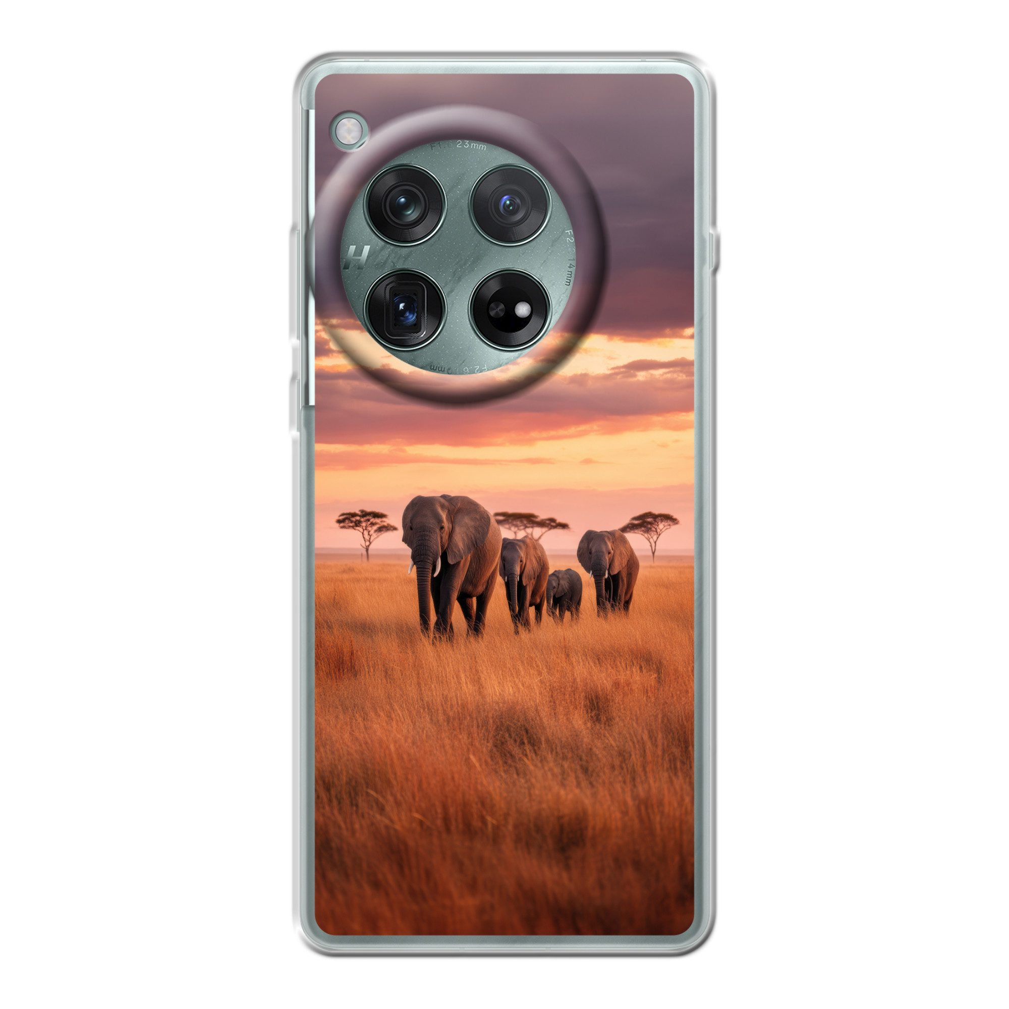 MuchoWow Handyhülle für OnePlus 12r Elefantengruppe - Offene Ebene - Sonne, Handy Case, Silikon, Bumper Case Dünn