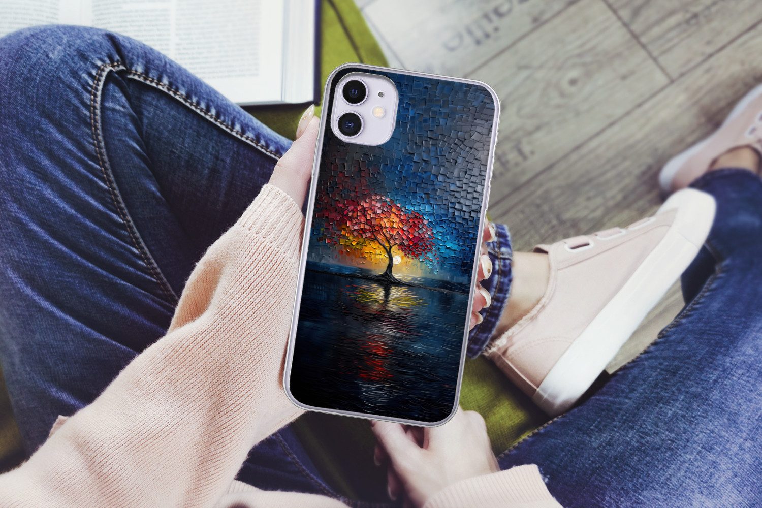 MuchoWow Handyhülle für Apple iPhone 11 Baum - Blau - Blätter - Boxen, Smartphone-Bumper, Print, Handy Schutzhülle Dünn