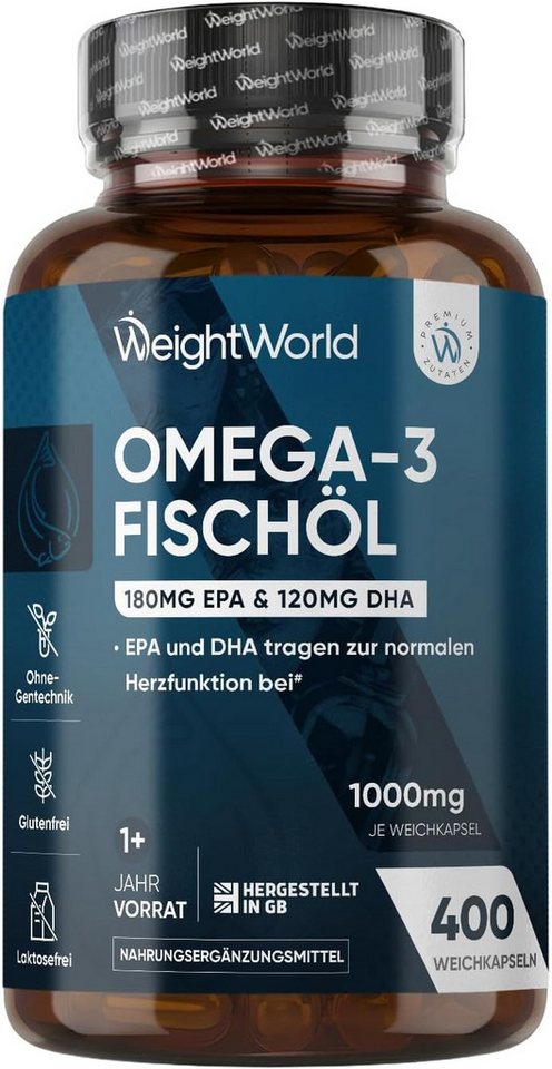WeightWorld Omega 3 Kapseln – 400 Weichkapseln, 1000 mg Fischöl, EPA & DHA, Weichkapseln, 1 er 400 St., 548 g, 1+ Jahr Vorrat - IFOS Zertifiziert