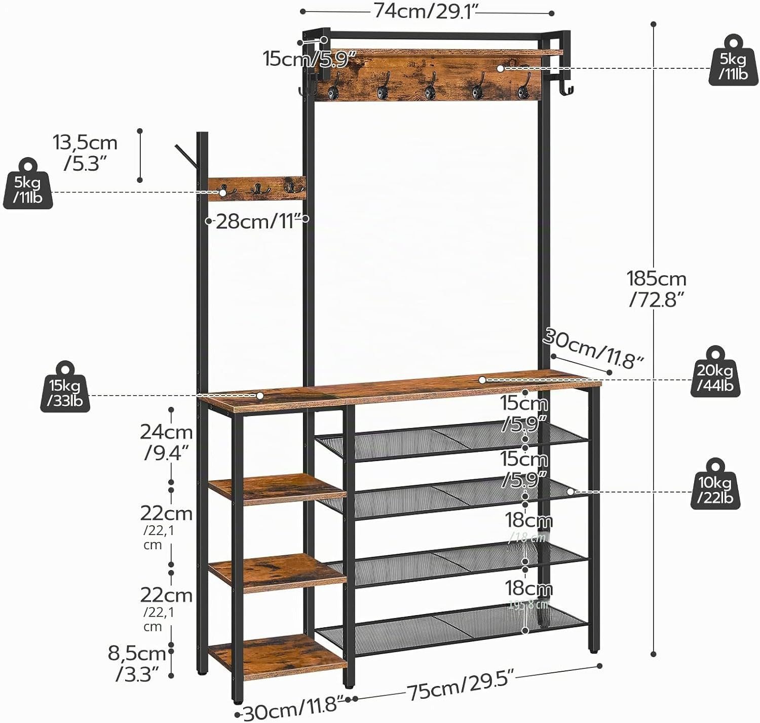 Hoobro Garderobenständer Garderobe, Kleiderständer mit Seitenregal 5 Ebenen Schuhablage, (Einzelartikel, 1 Garderobenständer mit Schuhablage und Seitenregal)