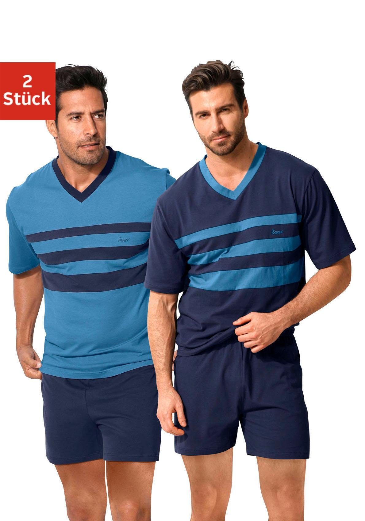 le jogger® Pyjama (Packung, 4 tlg., 2 Stück) Schlafanzug mit kontrastfarbigen Einsätzen vorn