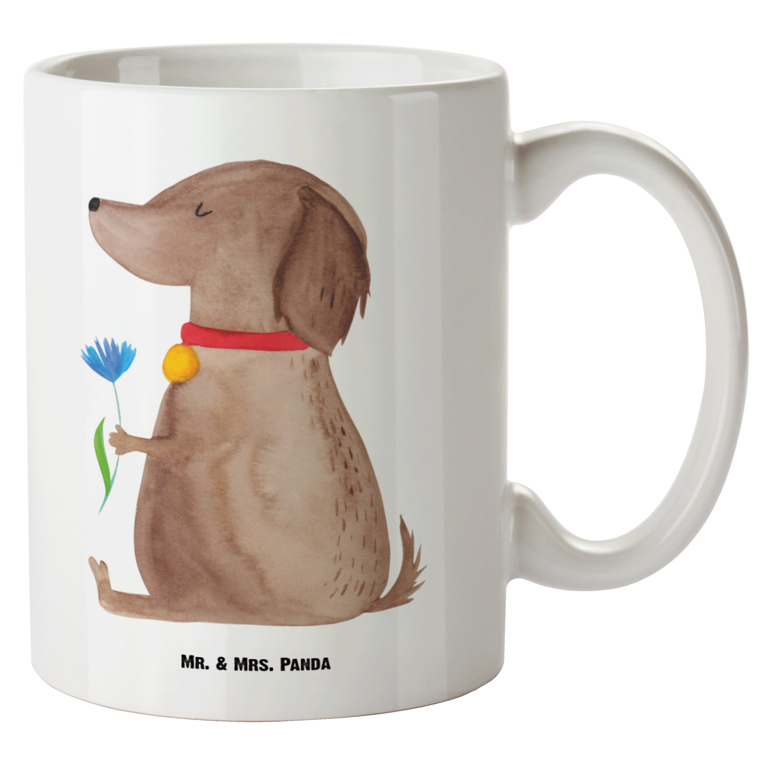 Mr. & Mrs. Panda Tasse Hund Blume - Weiß - Geschenk, Hundeliebe, Grosse Kaffeetasse, Hundesp, XL Tasse Keramik
