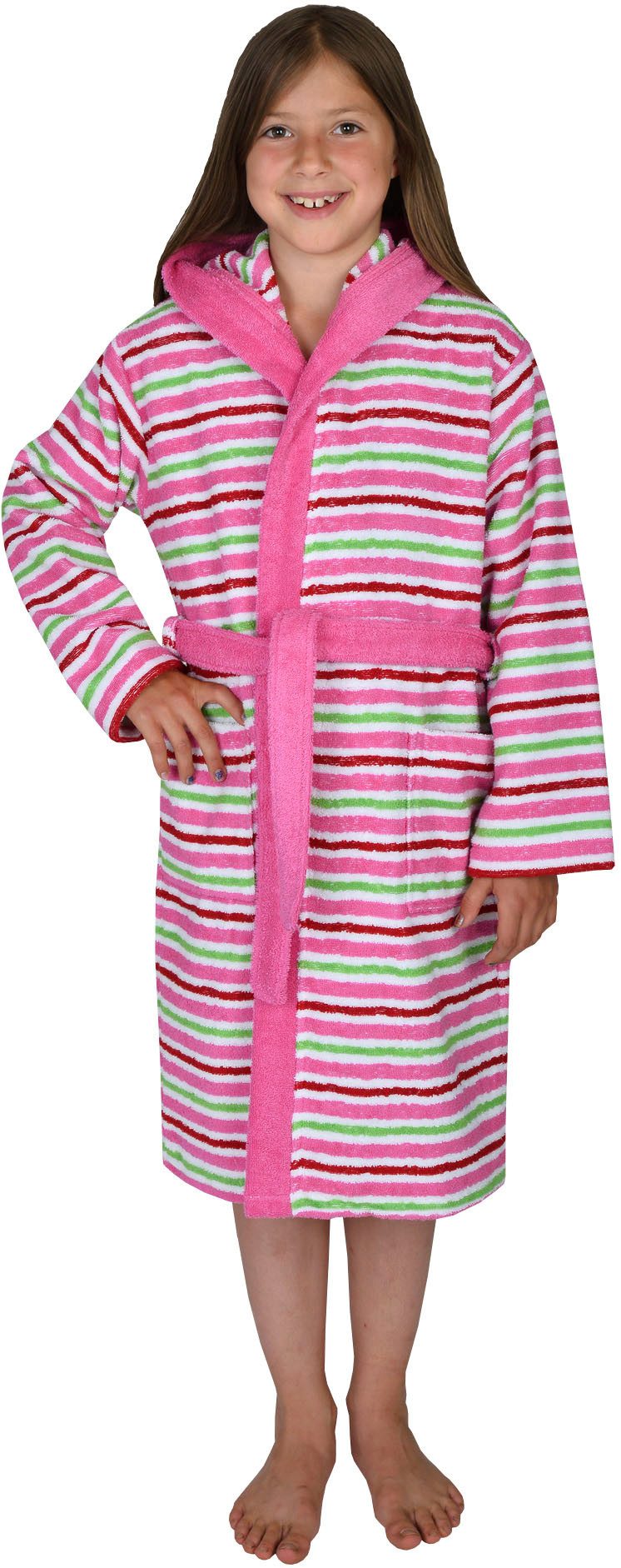 Wörner Kinderbademantel Ringel, Langform, Baumwoll-Webfrottier, Kapuze, Gürtel