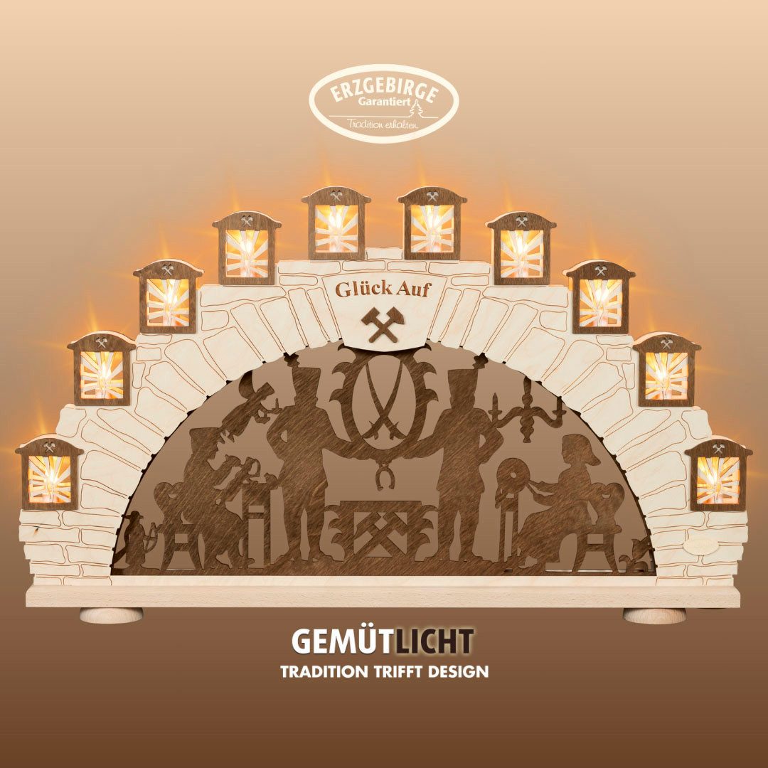 Weigla Schwibbogen Erzgebirge, Motiv Bergmann, Lichterbogen aus Holz, NATUR-BRAUN, (1-tlg), Erzgebirge garantiert, Weihnachtsdeko Innen, Weihnachtsbeleuchtung