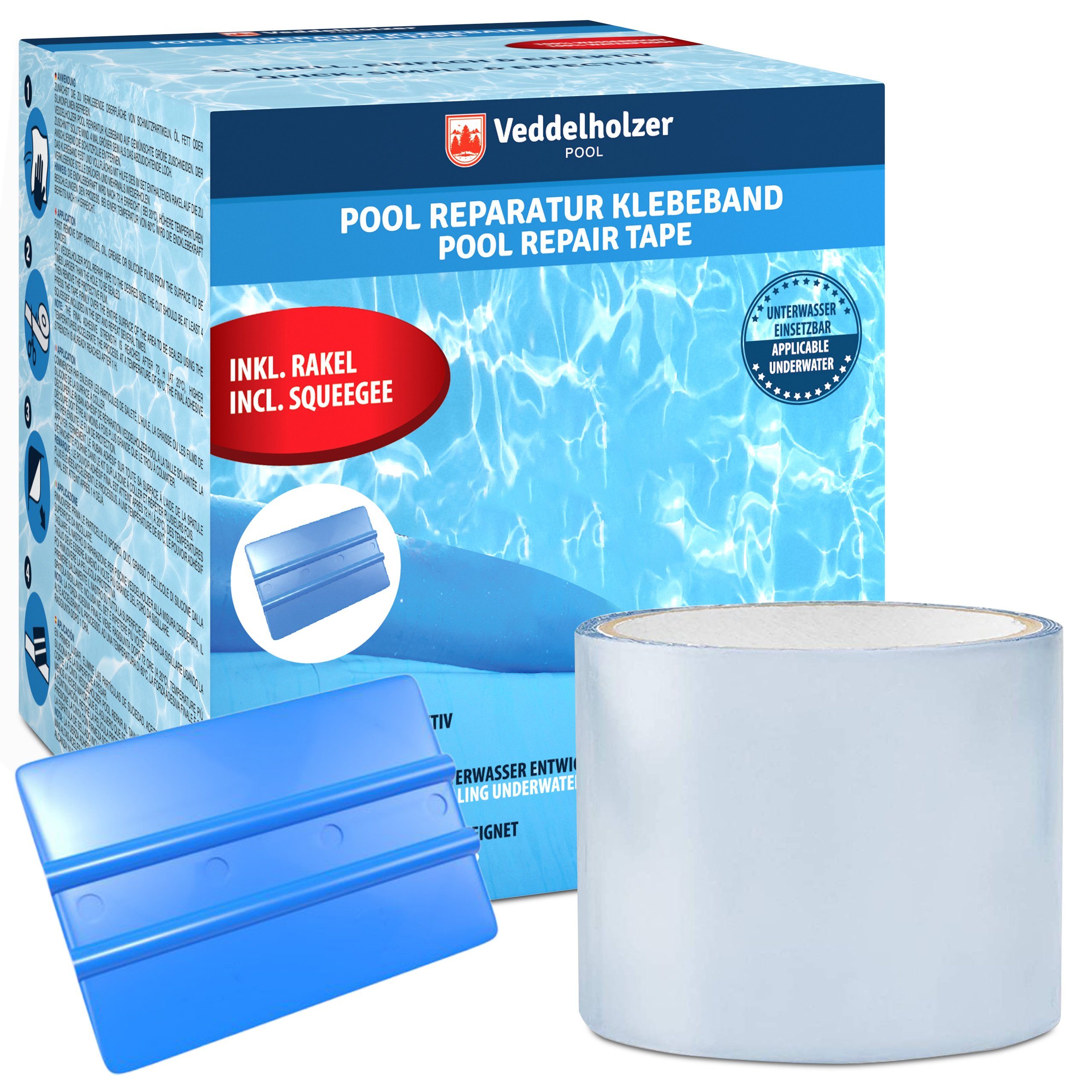 Veddelholzer Klebeband Reparaturset wasserdichtes Unterwasser Klebeband Pool zum Abdichten (Unterwasser einsetzbar, Transparentes Abdichtband, Flex Tape, Flickzeug) zum Abdichten von Swimmingpool für alle Pooloberflächen