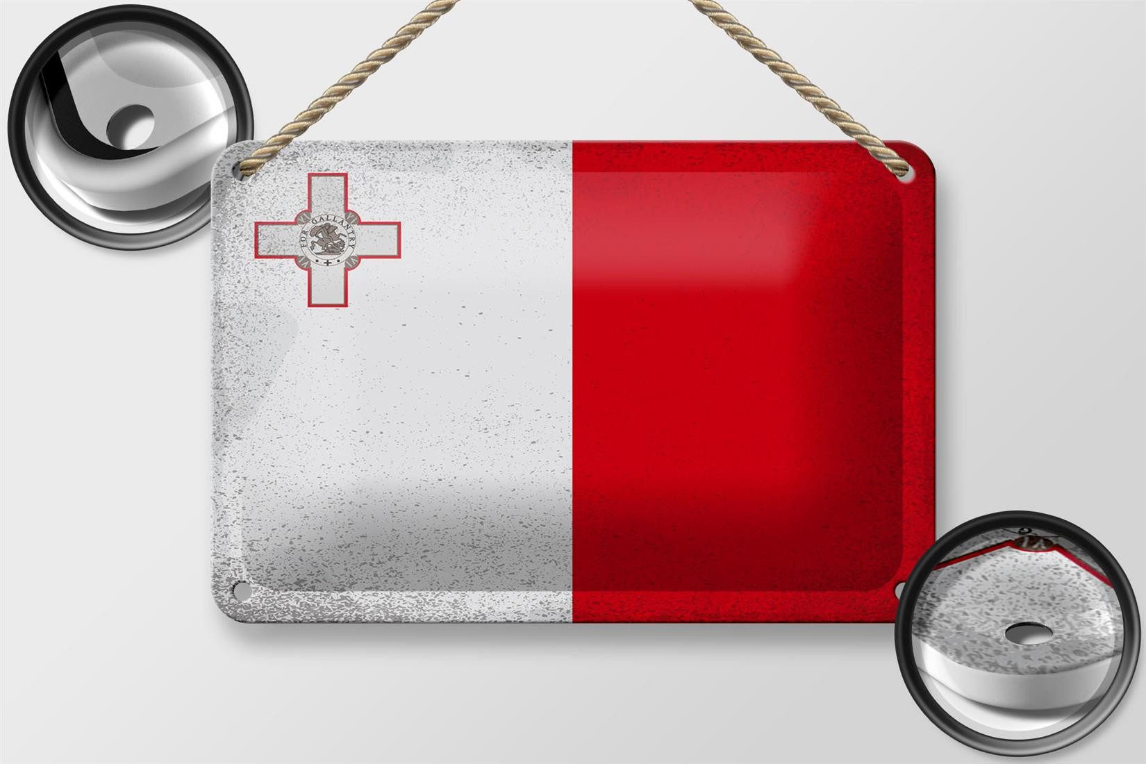 Femer GmbH Metallschild Flagge Malta 18x12cm Flag of Malta Vintage, (1 St), gewölbte Oberfläche, abgerundete Ecken, umgeschlagene Kanten