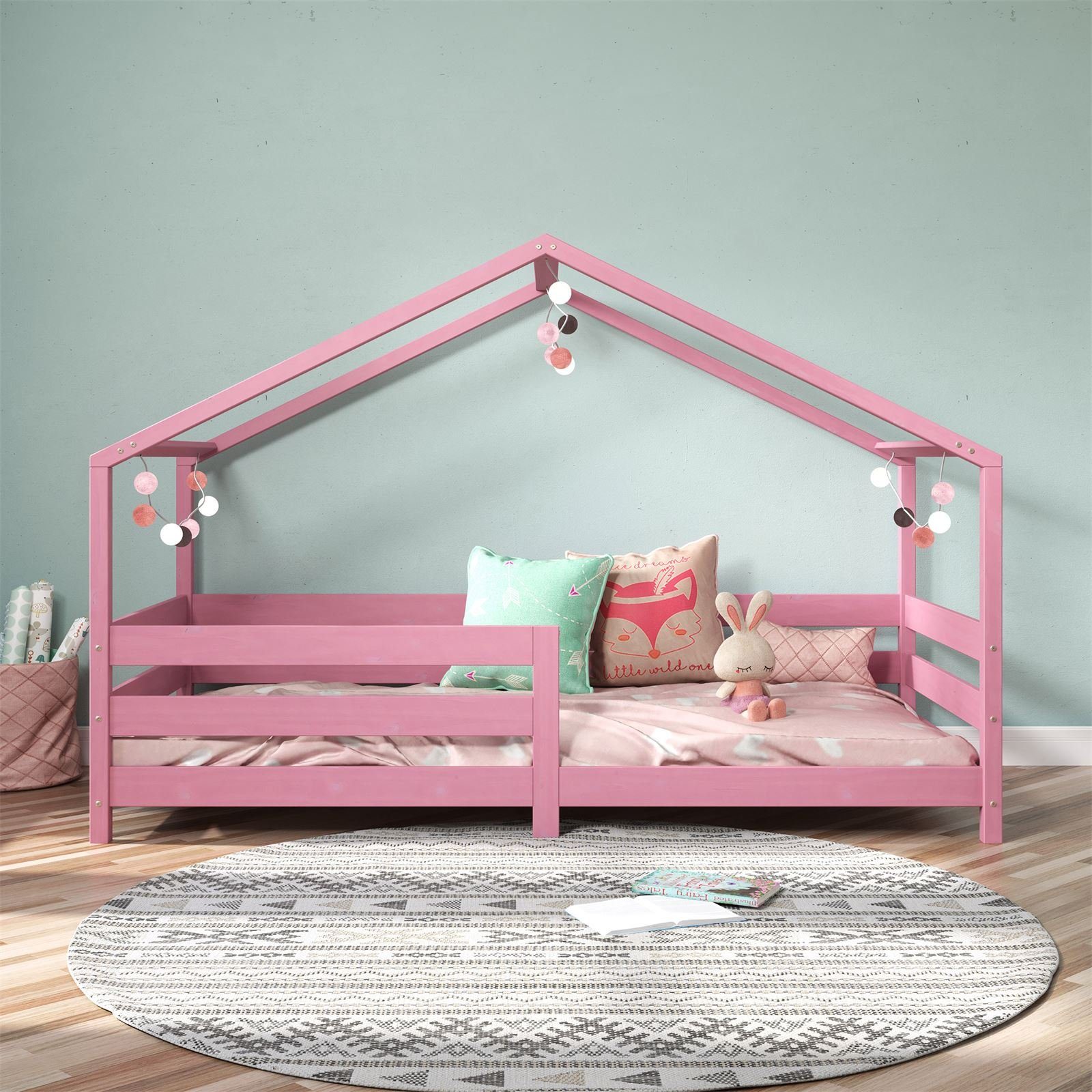 IDIMEX Kinderbett RENA, Hausbett Montessori 90 Kiefer x ros Kinderbett 200 Rausfallschutz Bett rosa