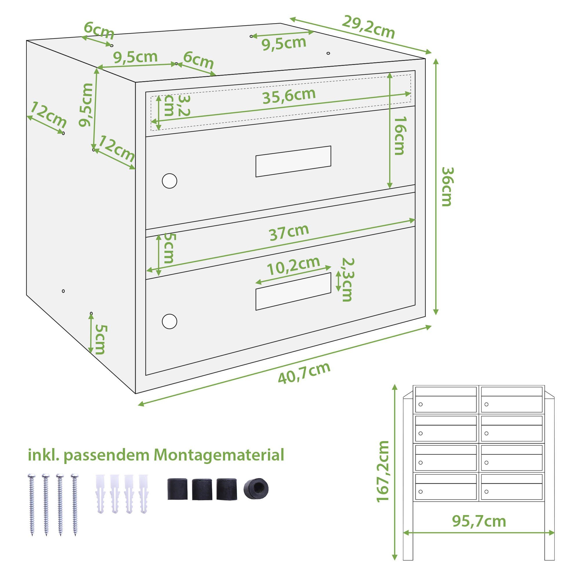 Burg Wächter Briefkastenanlage 8 Parteien anthrazit Briefkästen freistehend mit Standfuß
