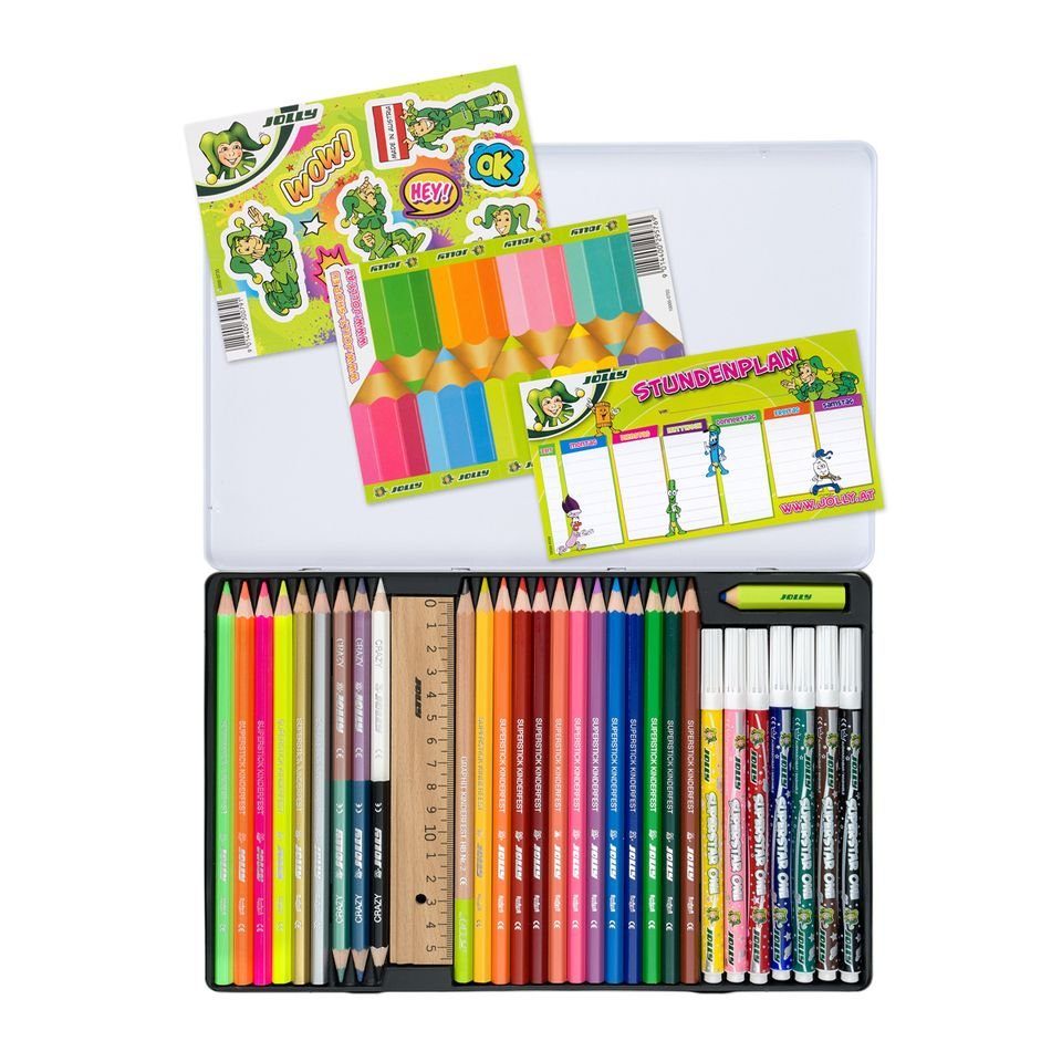 JOLLY Kreativset Back2School-Boxx, (31-tlg), Schulset mit Buntstiften, Bleistift, Lineal und Radierer