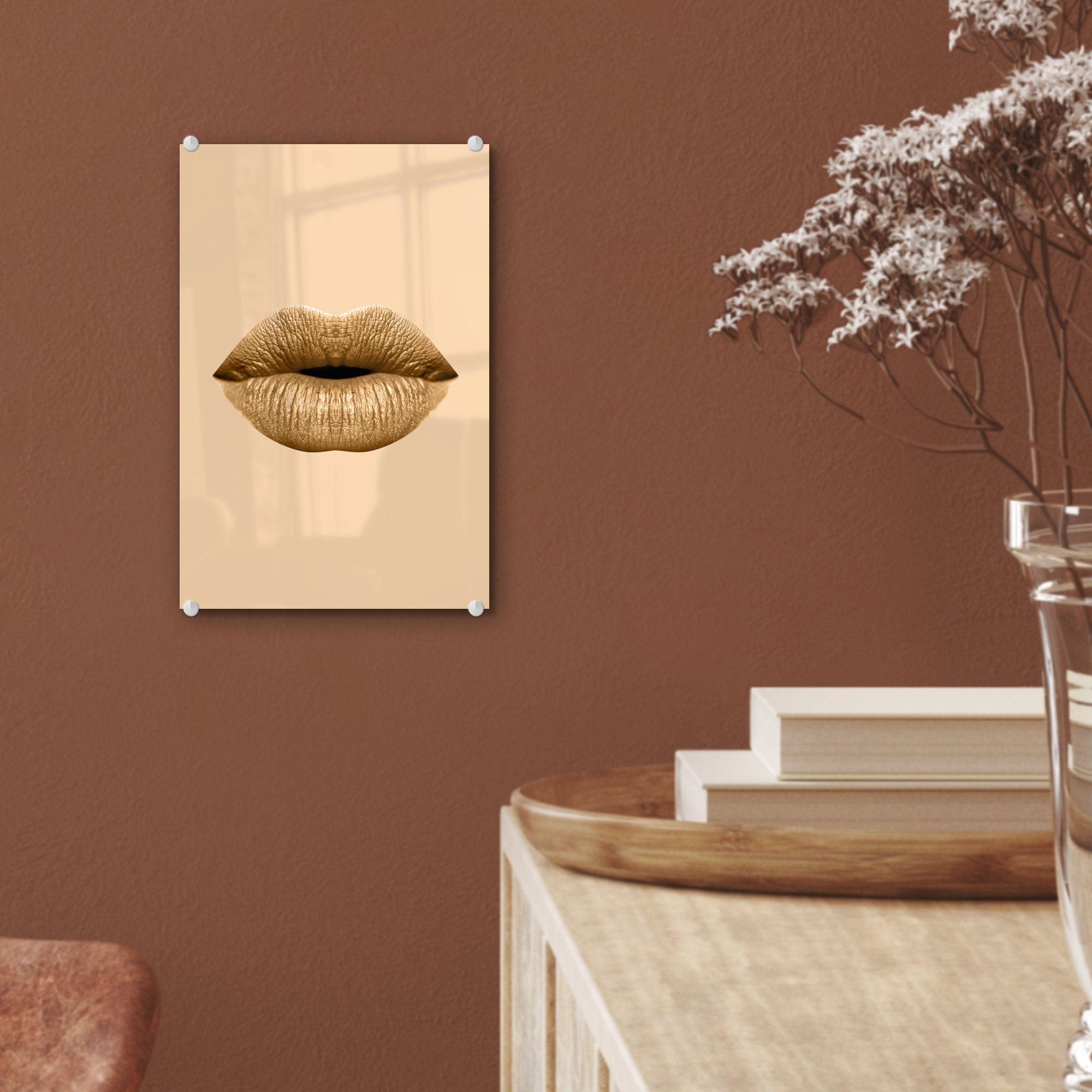 MuchoWow Foto Lippen - Pastell St), auf Bilder - Glas Acrylglasbild - Glasbilder Braun, Wanddekoration - Wandbild (1 - Glas auf