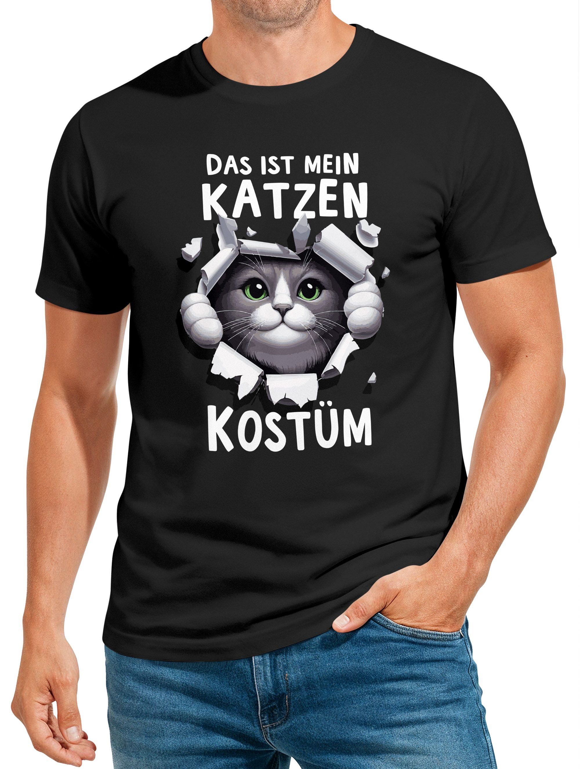 Print-Shirt Herren T-Shirt Fasching Karneval Katze Kostüm-Ersatz Verkleidung Last