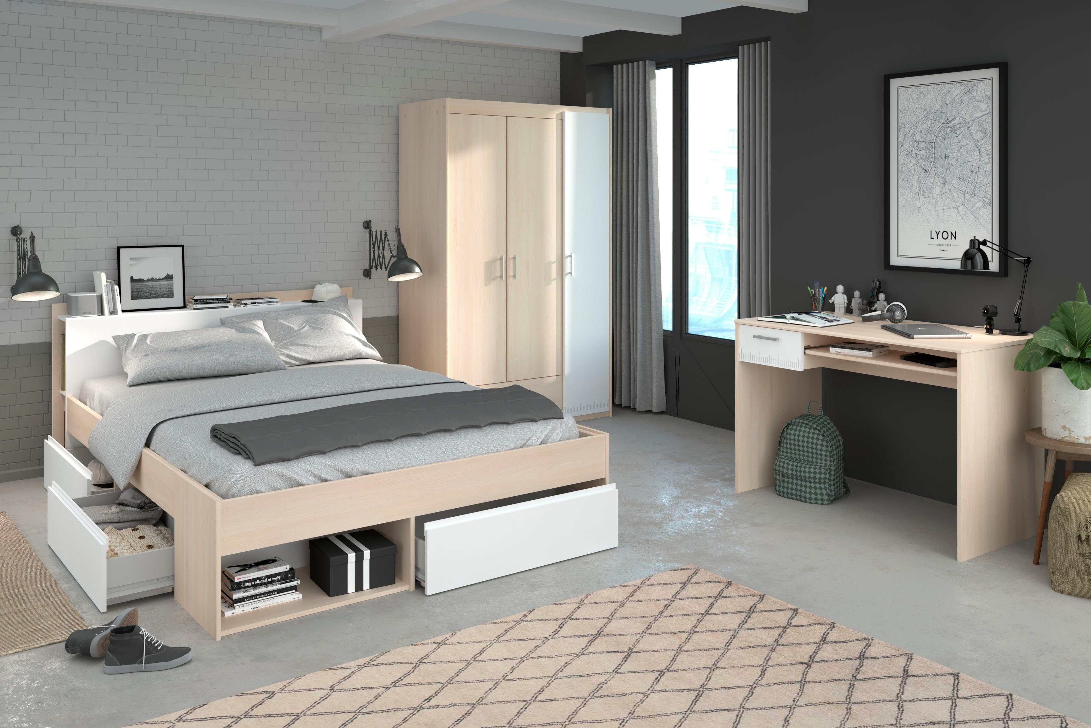 Parisot Jugendzimmer-Set Most, (Set, 3-tlg., Bett mit Schubkästen, Kleiderschrank und Schreibtisch)
