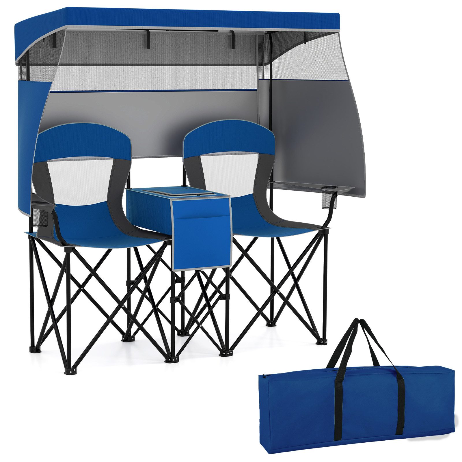 COSTWAY Campingstuhl, 2er Klappstuhl bis 150kg Angelstuhl mit Sonnenschutz