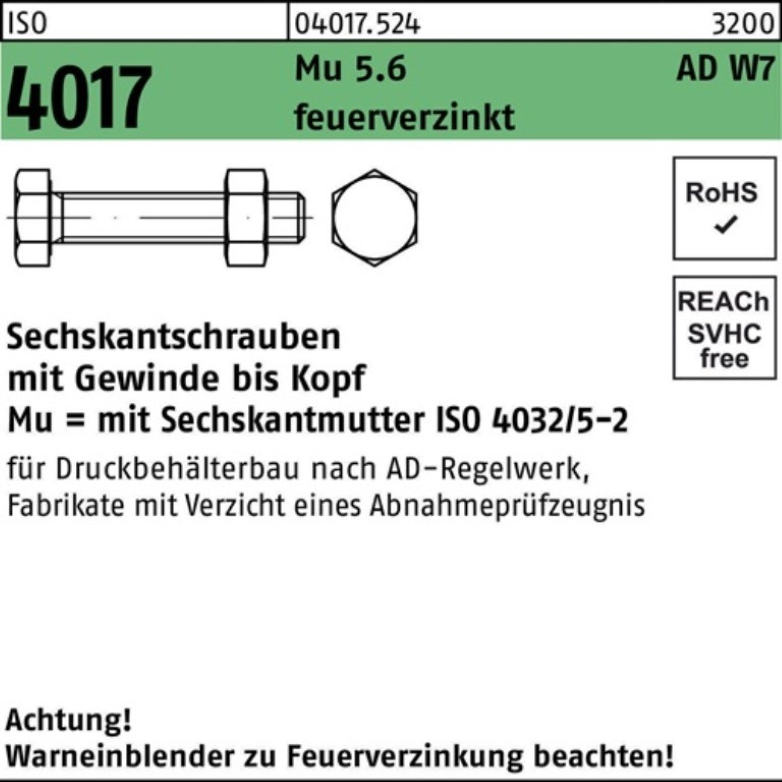 W7 Mutter AD M16x Sechskantschraube 55 5.6 100er feue 4017 Sechskantschraube VG Bufab Pack ISO