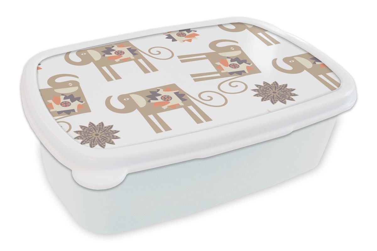 MuchoWow Lunchbox Blumen - Elefant - Muster, Kunststoff, (2-tlg), Brotbox für Kinder und Erwachsene, Brotdose, für Jungs und Mädchen weiß